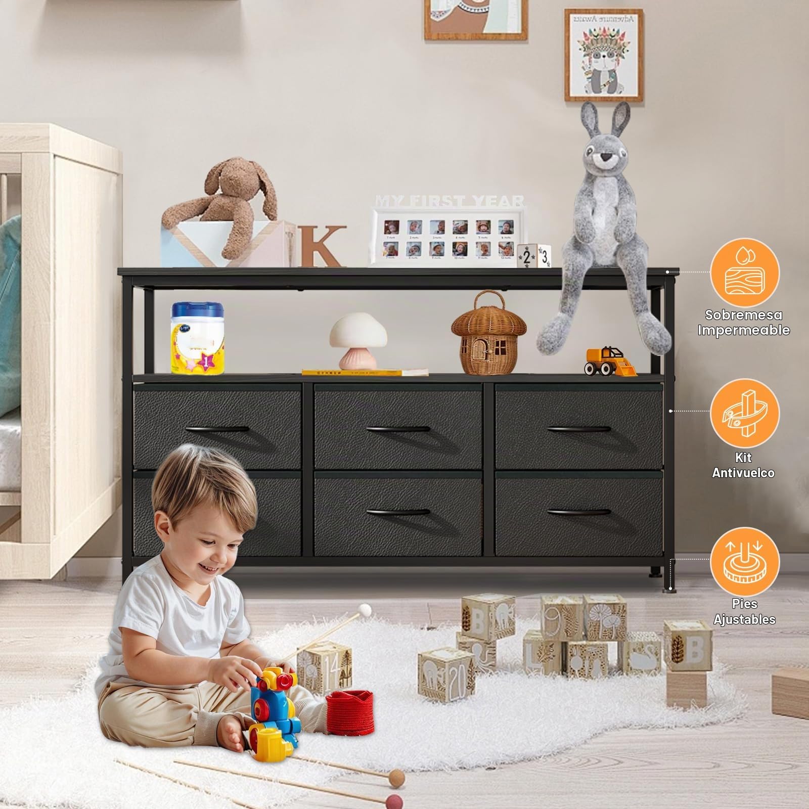 Mueble TV con 6 Cajones y Estantes Abiertos | Para TV de hasta 55", Negro, 120 × 30 × 68 cm, Ideal para Salón o Dormitorio