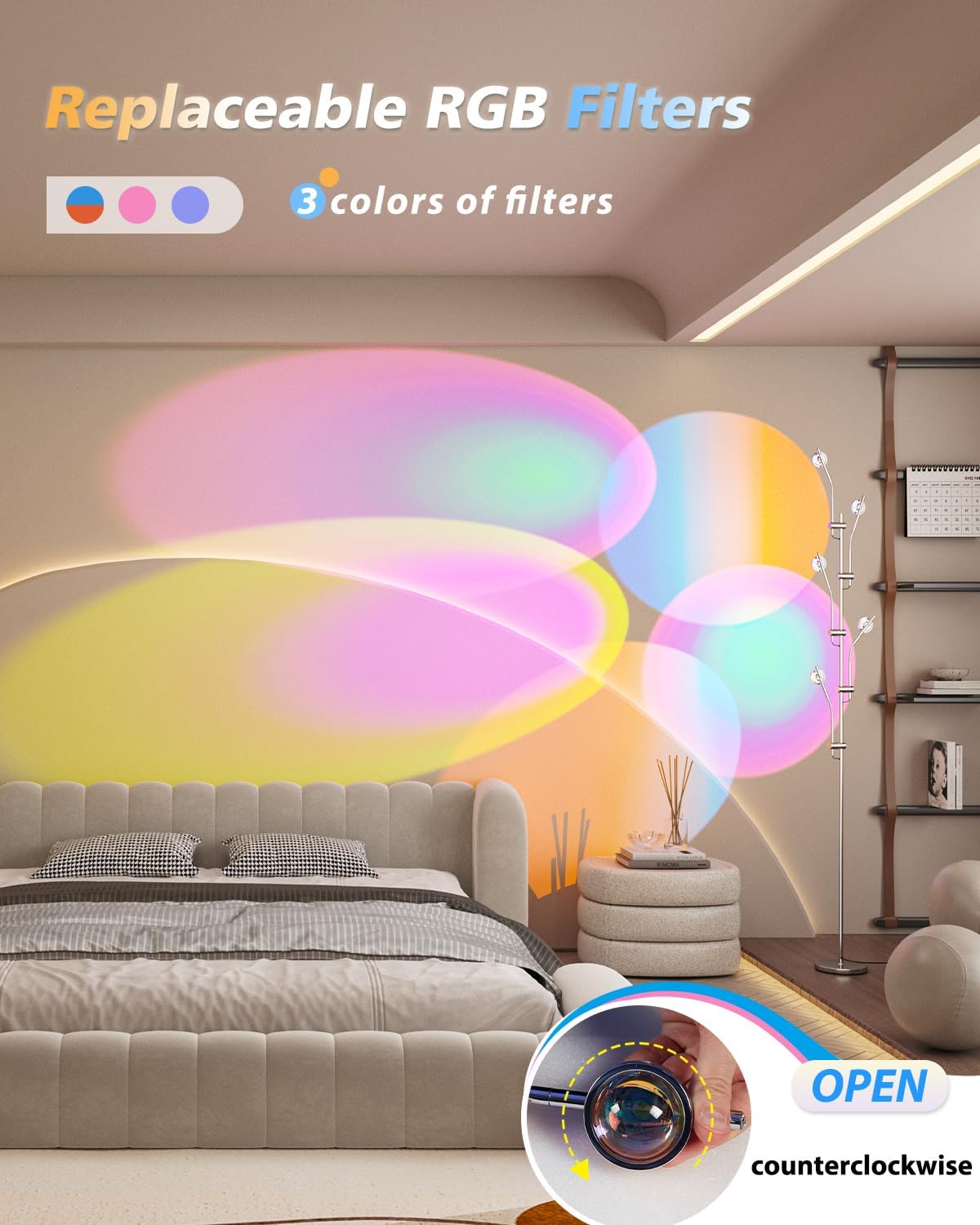 Halo Projector Floor Lamp - 4000K LED Multi Head Floor Lamp with RGB Filters - Sunset Projection Ambient Lighting - Mood Corner Lamp for Bedroom,Living Room - Chrome