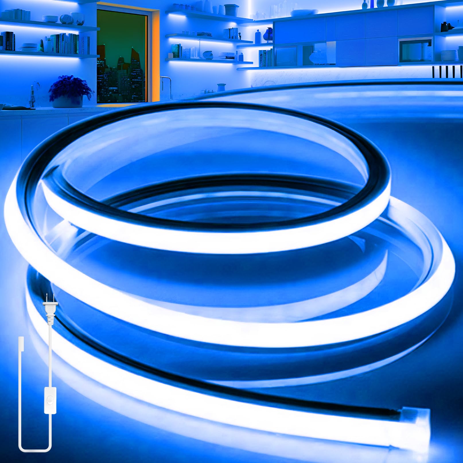 LED Strip Lights Blue,32.8ft 110-120V Neon Rope Lights,Flexible Silicone Outdoor Waterproof Neon Strip Lights for Bedroom,Mirror,Kitchen Cabinet, Living Room,Halloween Decor