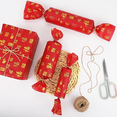 Miniatura 4 de 100 hojas de papel de seda chino FU de oro rojo a granel, 20 x 14 pulgadas, papel de seda dorado con diseño de FU para festivales de primavera