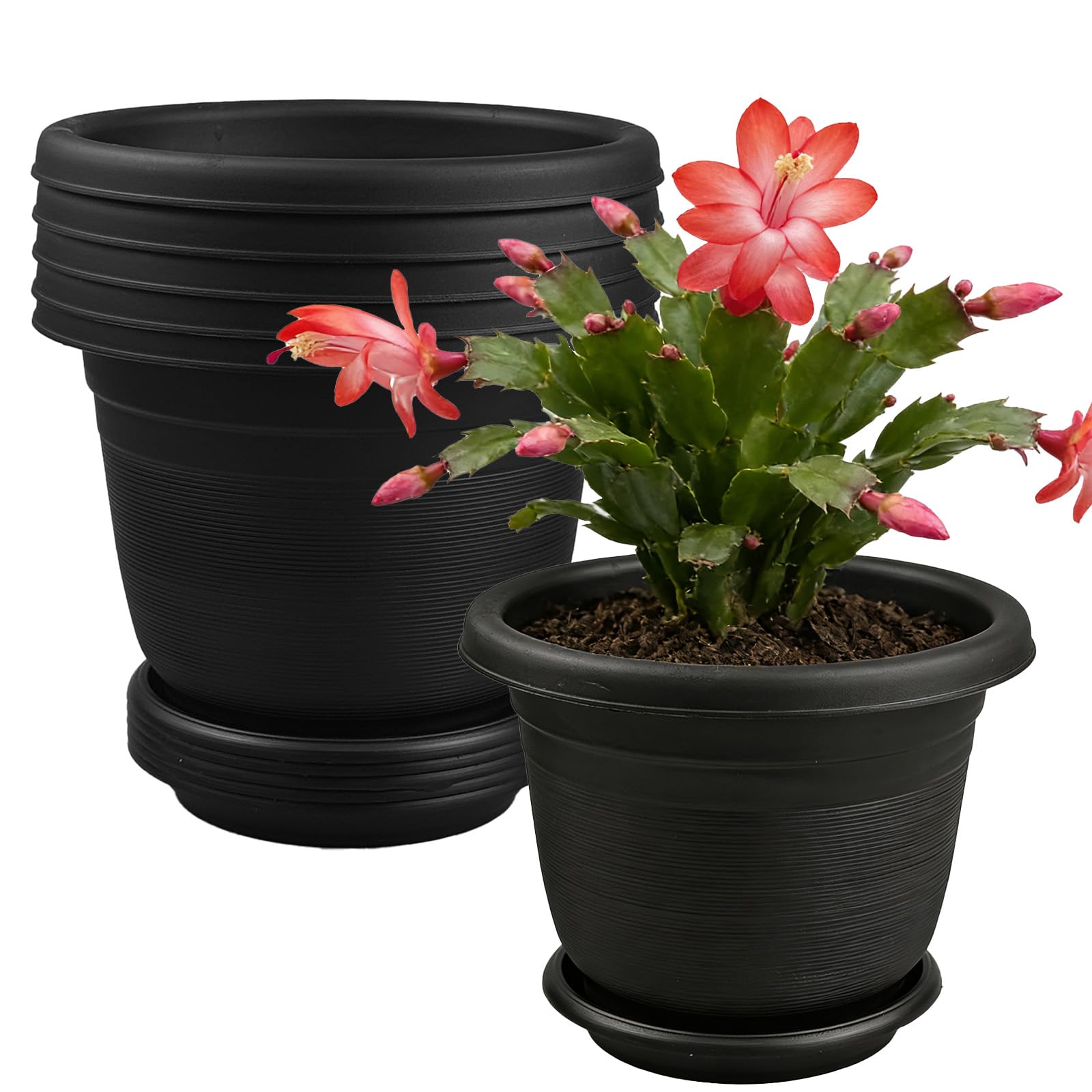 6Pack 15.5cm/6.1-in Plant Pots Indoor Plastic Flower Pots with Drainage Holes and Saucers Modern Decorative Planters Succulent Indoor Outdoor Plants - Terracotta — view 8