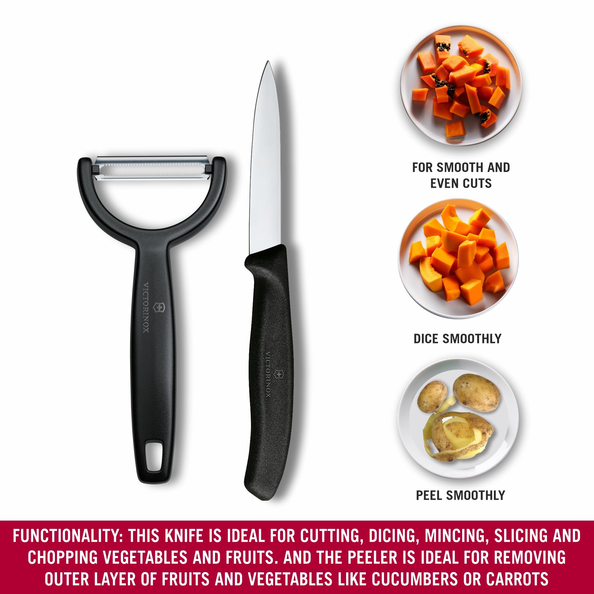 Victorinox Swiss Classic Coltello e pelaverdure, 2 pezzi, Lama extra-affilata, per frutta e verdura, Acciaio inossidabile, Nero