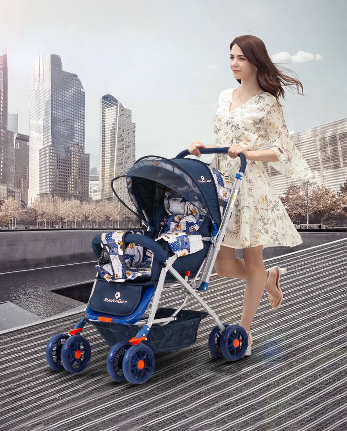 StarAndDaisy Baby Stroller for 0–3 Years, Foldable Pram with 3 Reclining Positions/Baby Stroller with Food Tray and 360 Degree Swivel Wheels