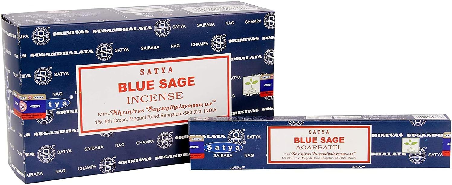 Satya Blue Sage Incense Sticks 12 Pack Set with JRose Burner – Natural Hand Rolled Aromatic Sticks for Cleansing, Relaxation, Meditation & Home Fragrance