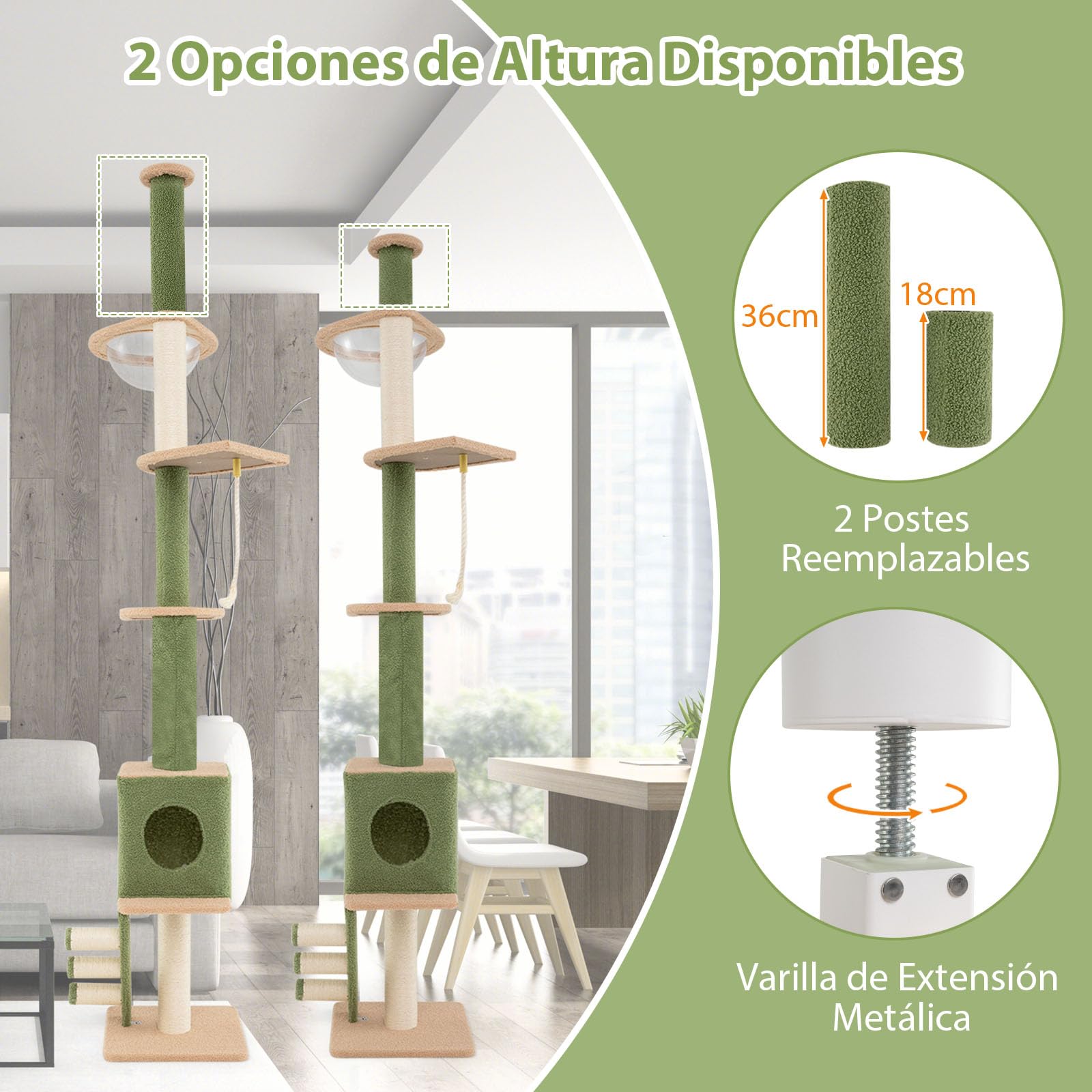 GOPLUS Árbol para Gatos de Piso a Techo, Torre para Gatos de 218-253 cm de Altura Ajustable con 2 Postes Adicionales, Postes Rascadores de Sisal, Centro de Juegos para Gatitos de 5 Niveles