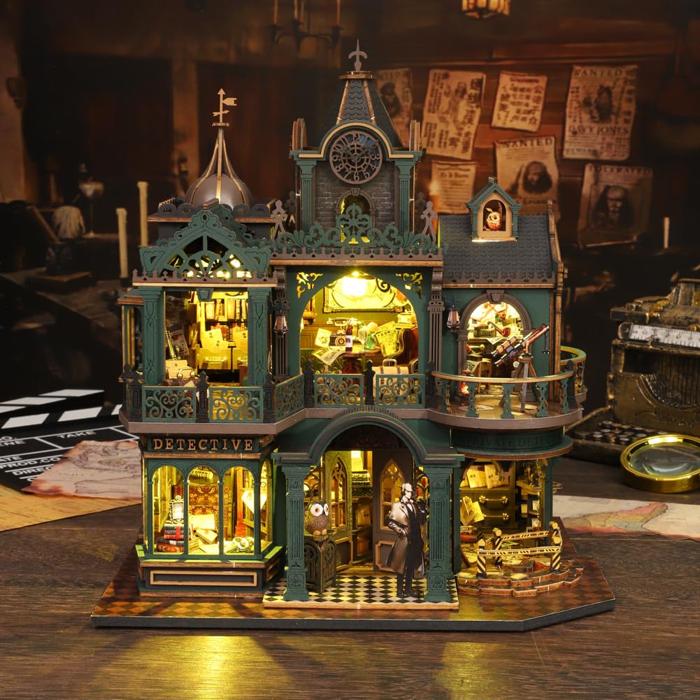 Agencja detektywistyczna Dollhouse – miniaturowy zestaw do samodzielnego montażu, drewniany domek dla lalek z meblami do montażu, puzzle z zamkiem detektywistycznym – kreatywny prezent urodzinowy