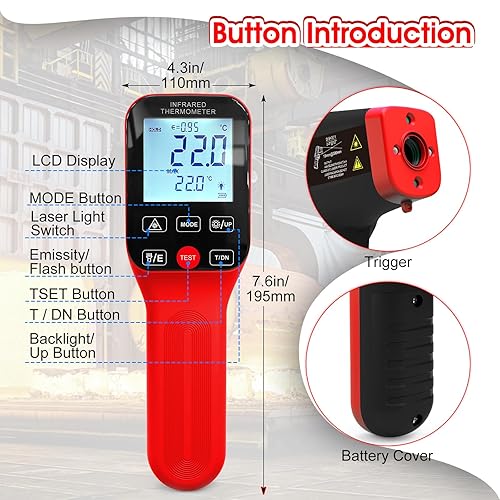 Miniatura 2 de Pirómetro - Termómetro infrarrojo de -582912, termómetro sin contacto, pistola de temperatura láser recargable con pantalla LCD, emisividad