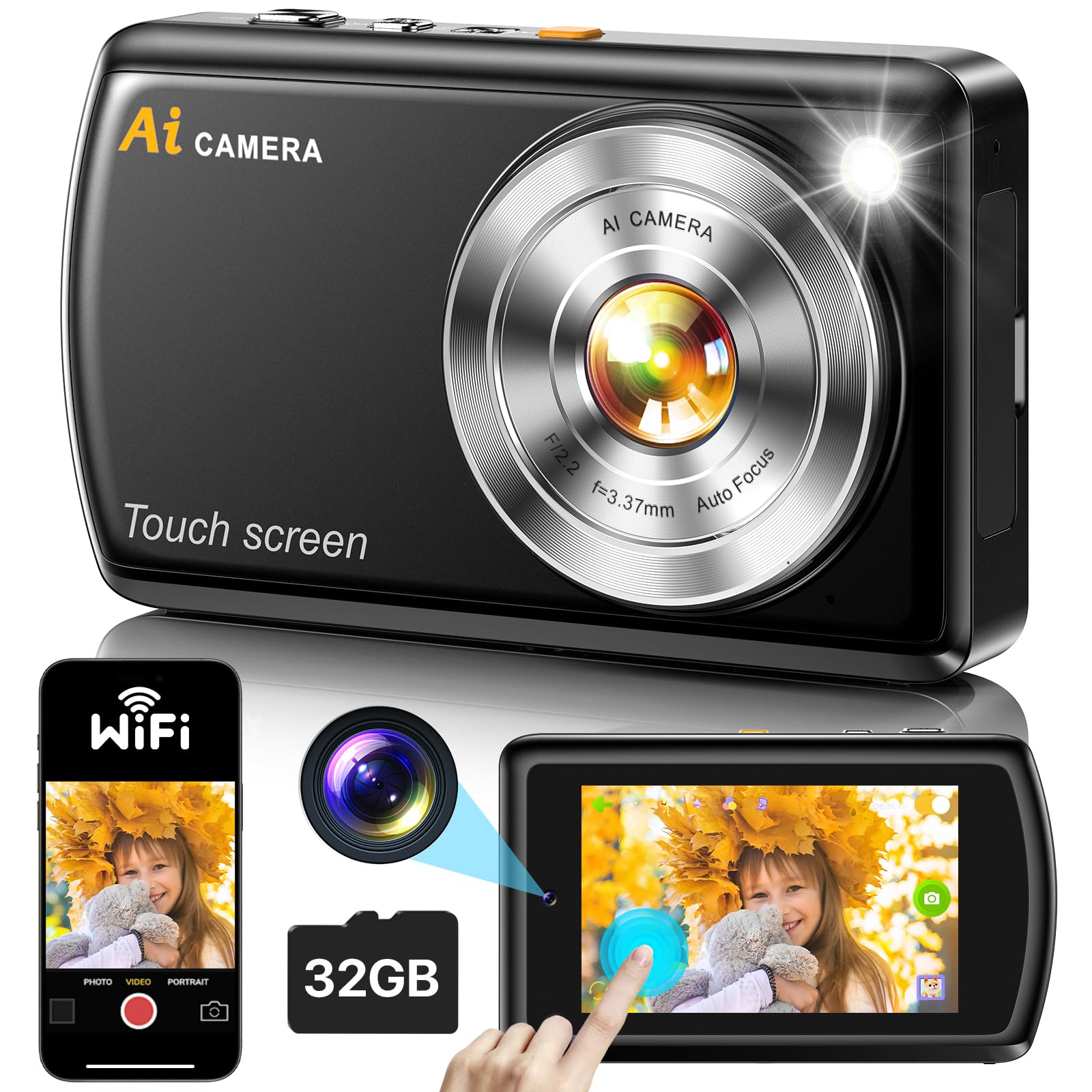 AI Intelligente Macchina Fotografica Digitale con WiFi, Autofocus Fotocamera Doppiac Anteriore e Posteriore con Schermo Touchscreen da 3,6 Pollici, Scheda SD da 32 GB per Bambini, Adolescenti, Adulti