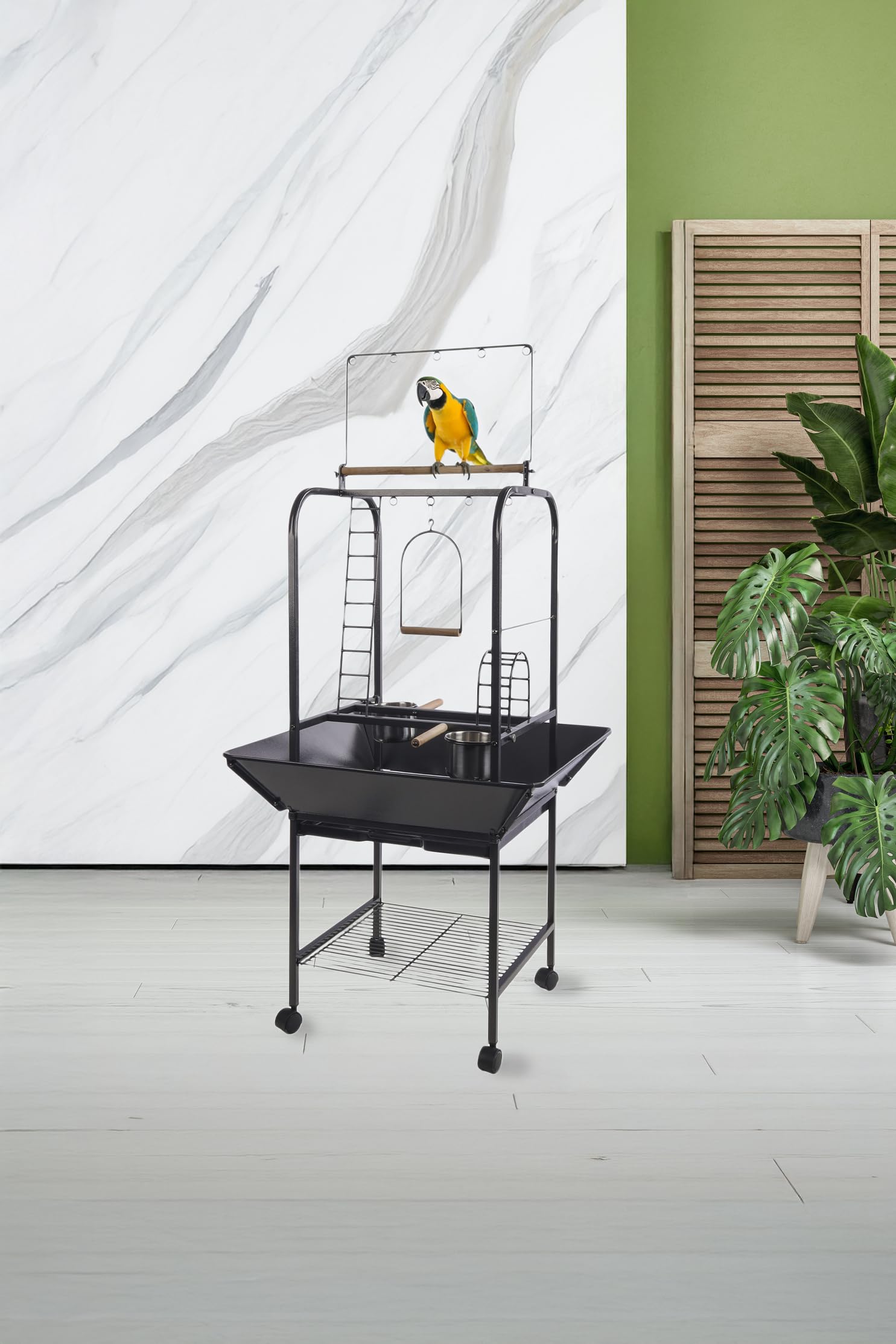 FLAMINGO Support de Jeu Wodan pour Oiseaux – Anthracite – 66x64x141 cm – avec Balançoire et Échelles