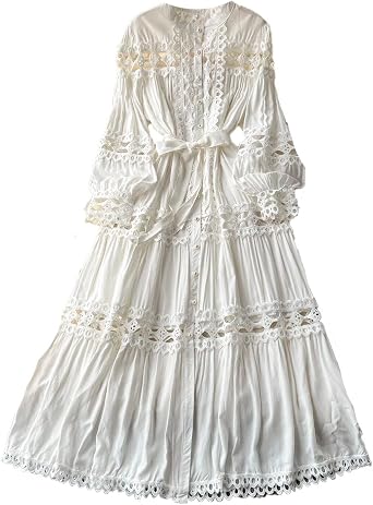 Autumn Embroidery Dress Womens Stand Collar Lantern Sleeve Lace White1 L