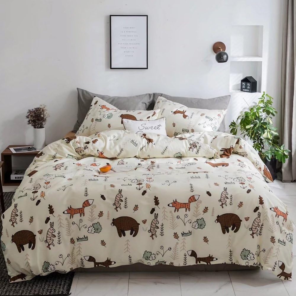 KAREVER Yellow Bear Bedding Set Twin Kids Cotton Duvet Cover Set Cartoon Bear Fox Rabbit Forest Pattern Printed on Cream Comforter Cover Set for Toddler Boys Girls