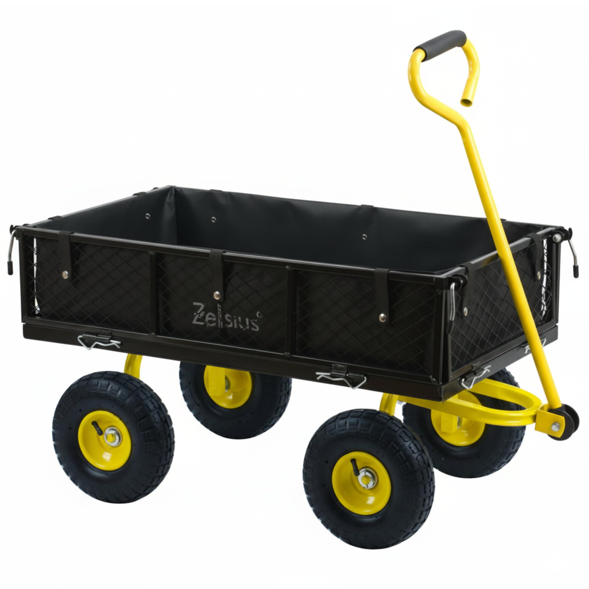 Zelsius Chariot de jardin, capacité de charge de 350 kg, 75 l, noir/jaune, chariot de jardin, chariot de jardin, chariot à main, chariot de transport pliable, pour le jardinage