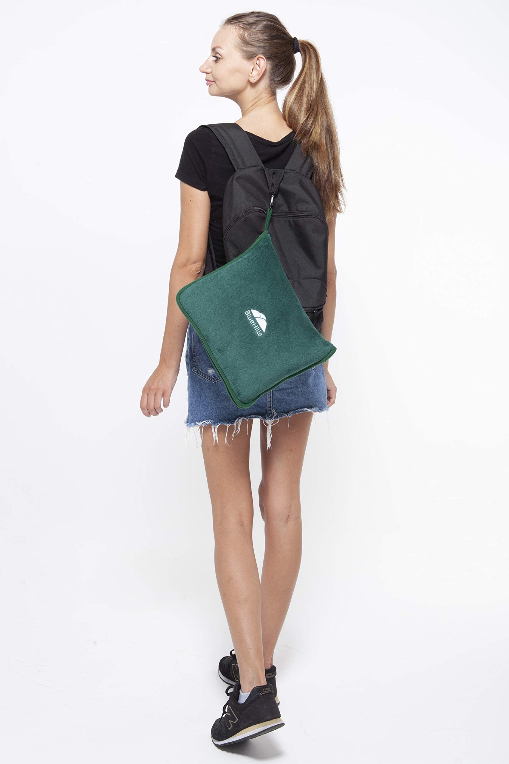 BlueHills Premium Soft Travel Blanket Pillow Airplane Blanket Packed in Soft Bag Pillowcase with Hand Luggage Belt and Backpack Clip, Compact Pack Large 2 in 1 Combo for Any Travel (Pink T004): Travel Green-1pk-t010