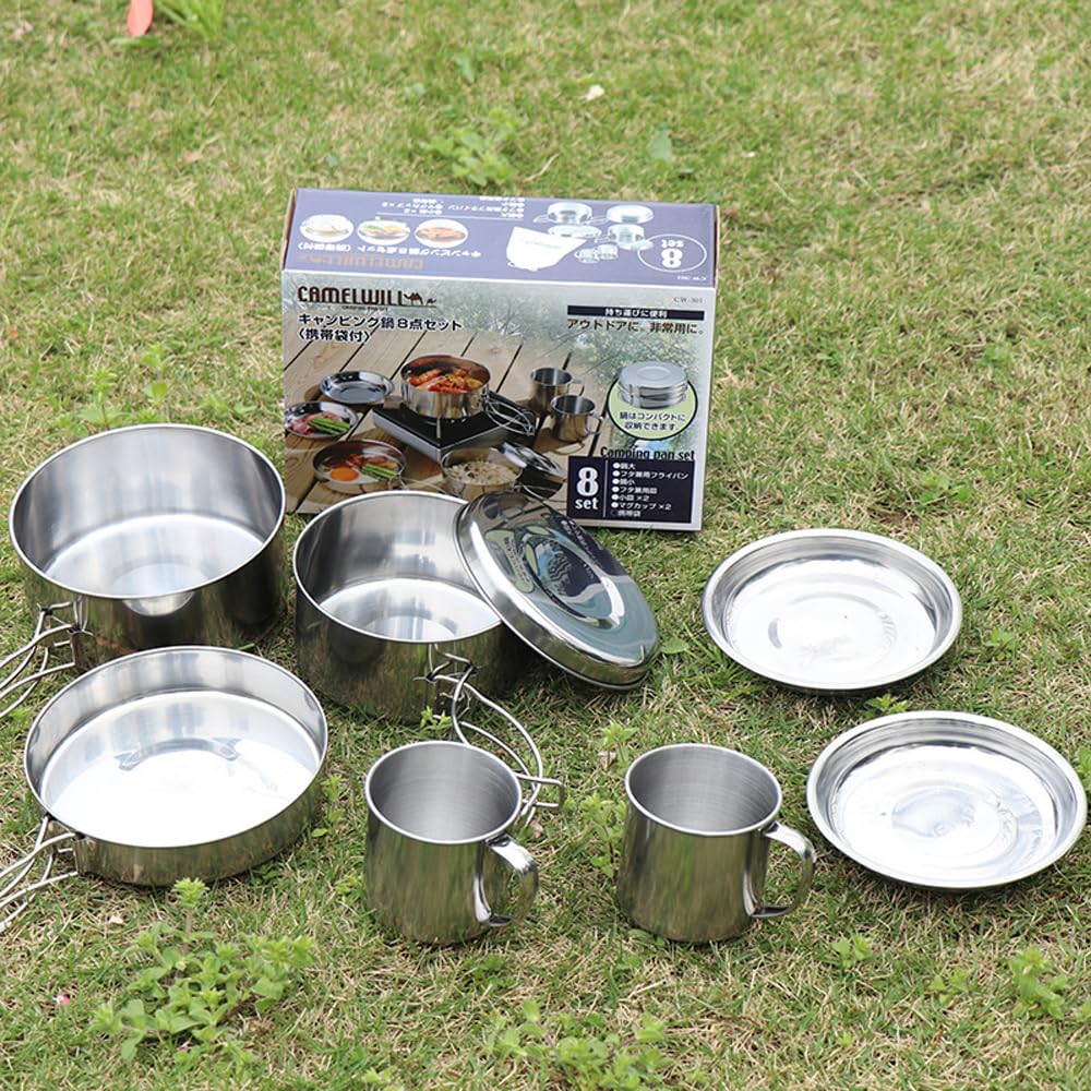 Pentole Campeggio Acciaio Inox, Set Pentole Da Campeggio Da 9 Pezzi, 2-3 Persone, Set Da Cucina Da Campeggio Pieghevole, Per Pentole, Per Picnic, Campeggio, Escursionismo