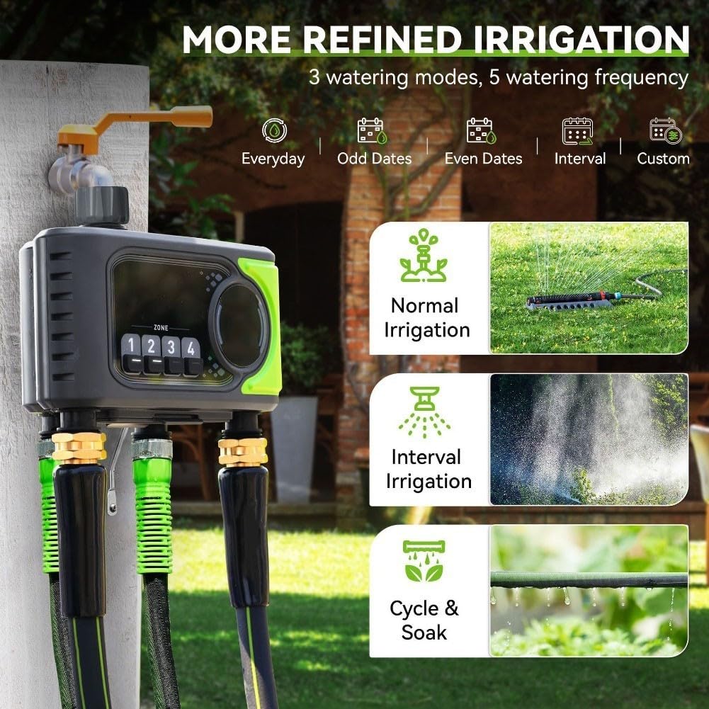 Timer per irrigazione WiFi a 4 zone, controller intelligente per irrigazione da giardino con app e controllo vocale, programma di irrigazione basato sulle condizioni meteorologiche per sistema di tubi