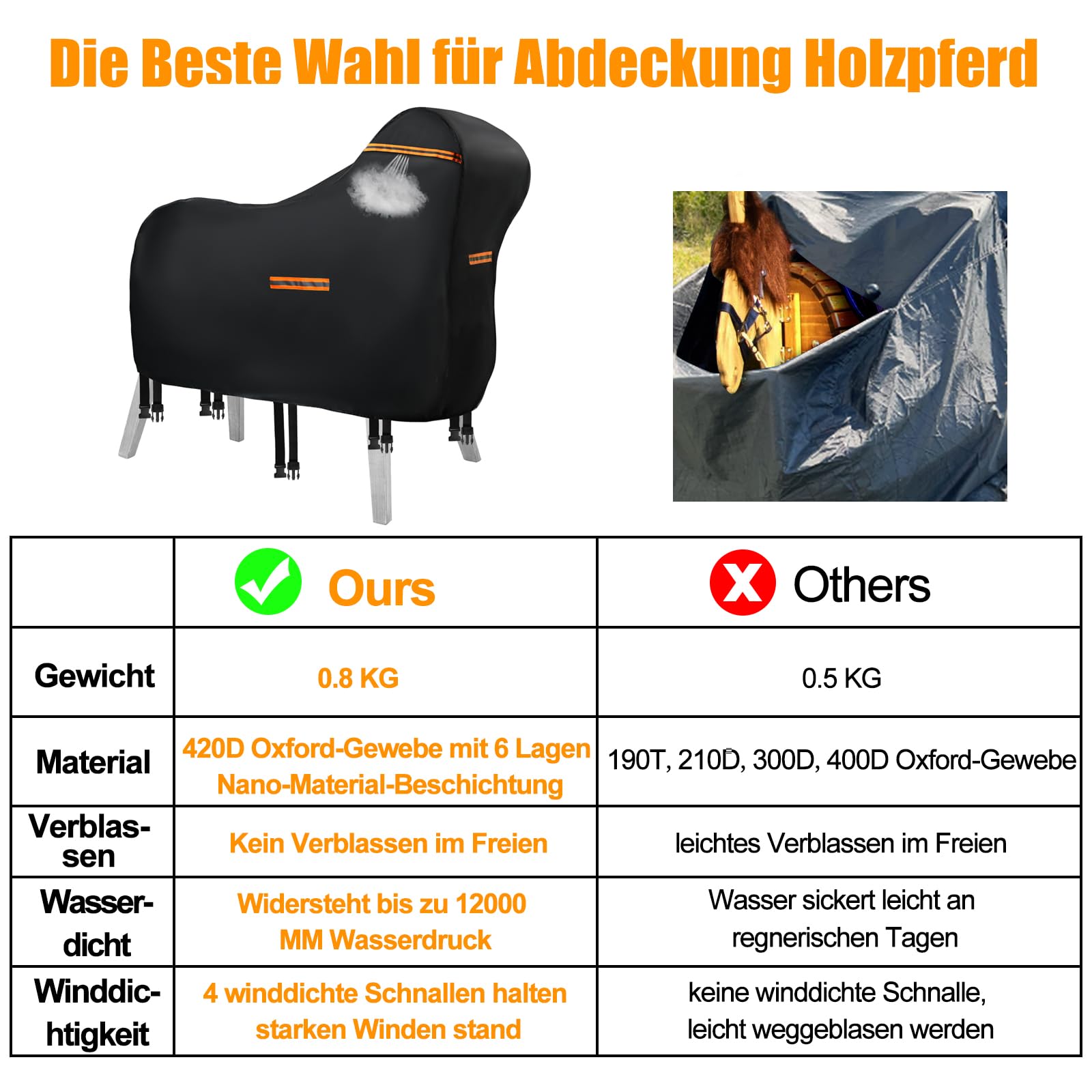 Cubierta para caballo de madera impermeable al aire libre, 420D Oxford caballo de madera para exteriores, lona protectora resistente a los rayos UV, universal, lona de jardín con rayas impermeables y