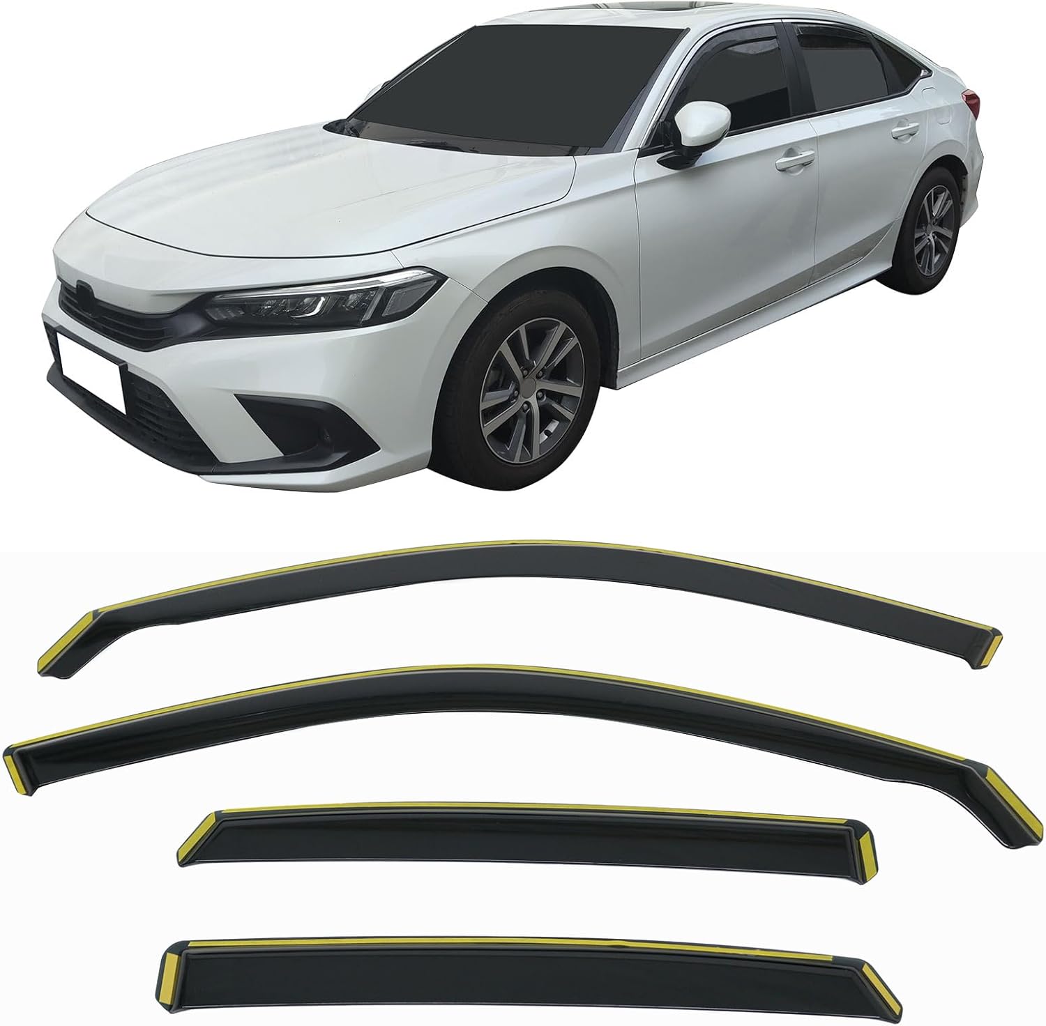 IKON MOTORSPORTS in Channel Window Visors Compatible with 2022-2026 Honda Civic Sedan 4-Door, in Channel Style Injection PC Black Rain Guards, Side Window Wind Deflectors 4PCS