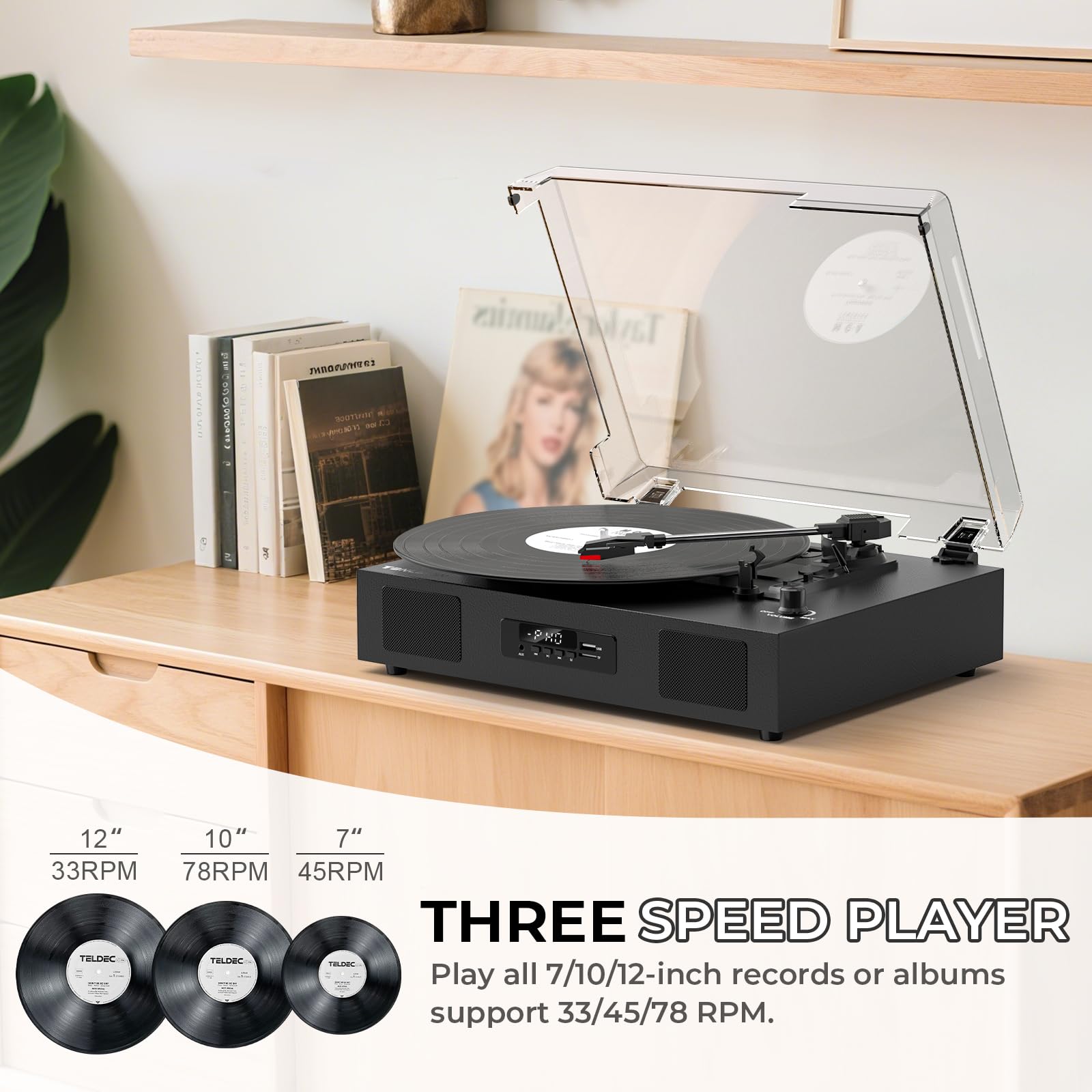 Vinyl Record Player Turntable with Built-in Stereo Speakers, Vintage 3-Speed Turntable for Vinyl Records USB SD Recording with Bluetooth Music Playback,RCA Out and Digital Display, Black