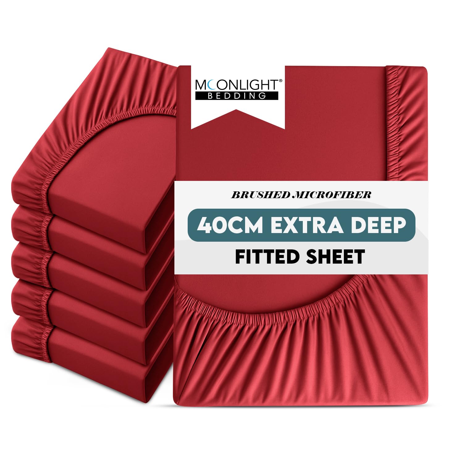 Moonlight Bedding Double Sheet Fitted Bed Sheet 6 Pack 40CM Red Bedsheet with Elastic Corners 16 Inch Extra Deep Pocket Brushed Microfiber Easy Care Breathable Shrinkage Fade-Resistant