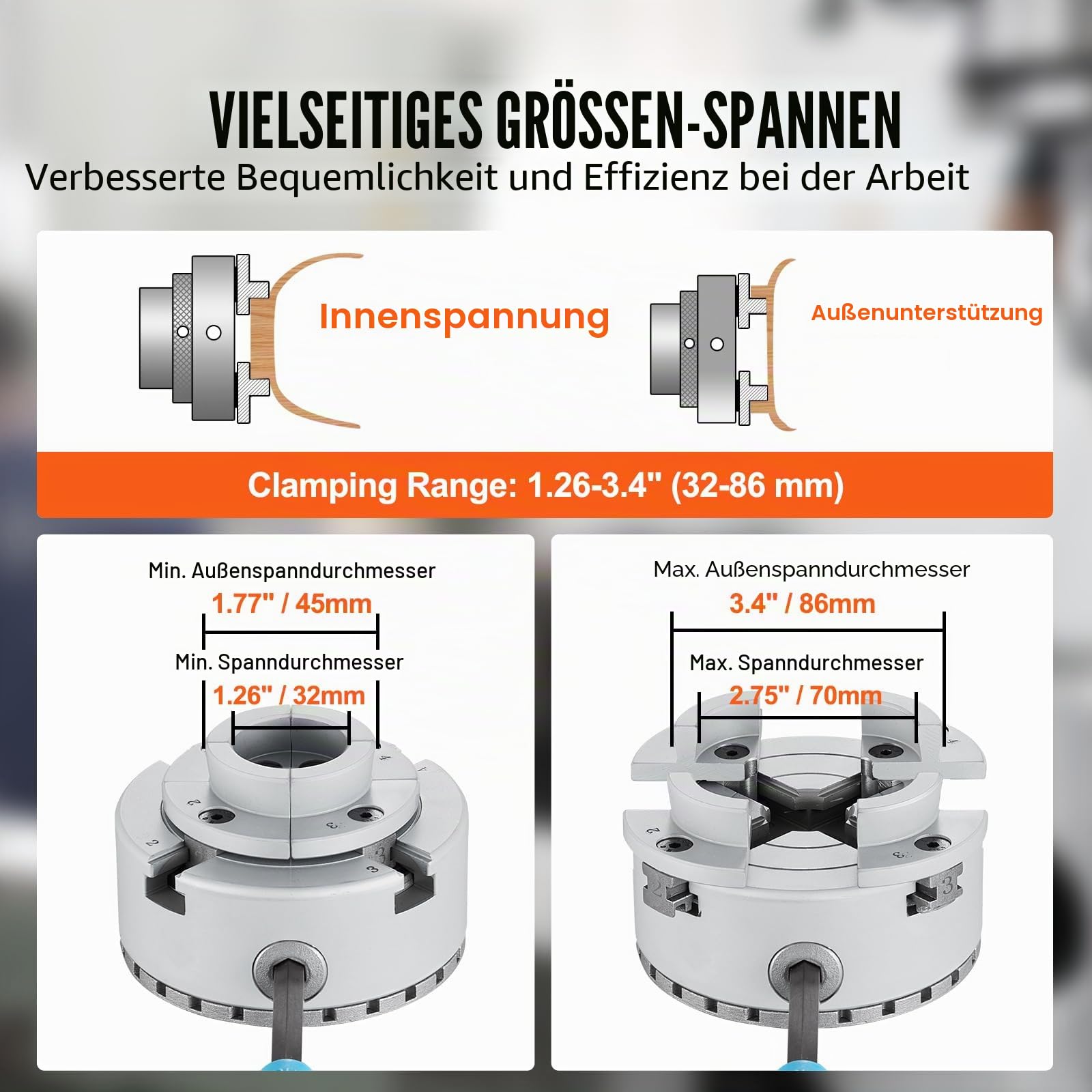 VEVOR KP96 Drehbankfutter 4-Backen φ96mm Backenfutter aus 45# Klemmbereich 32–70mm Spannfutter-Innengewinde M33 x 3,5 TPI Drehbank Ausrichtungsgenauigkeit ≤0,3mm Drechselfutter Drehmaschinenfutter