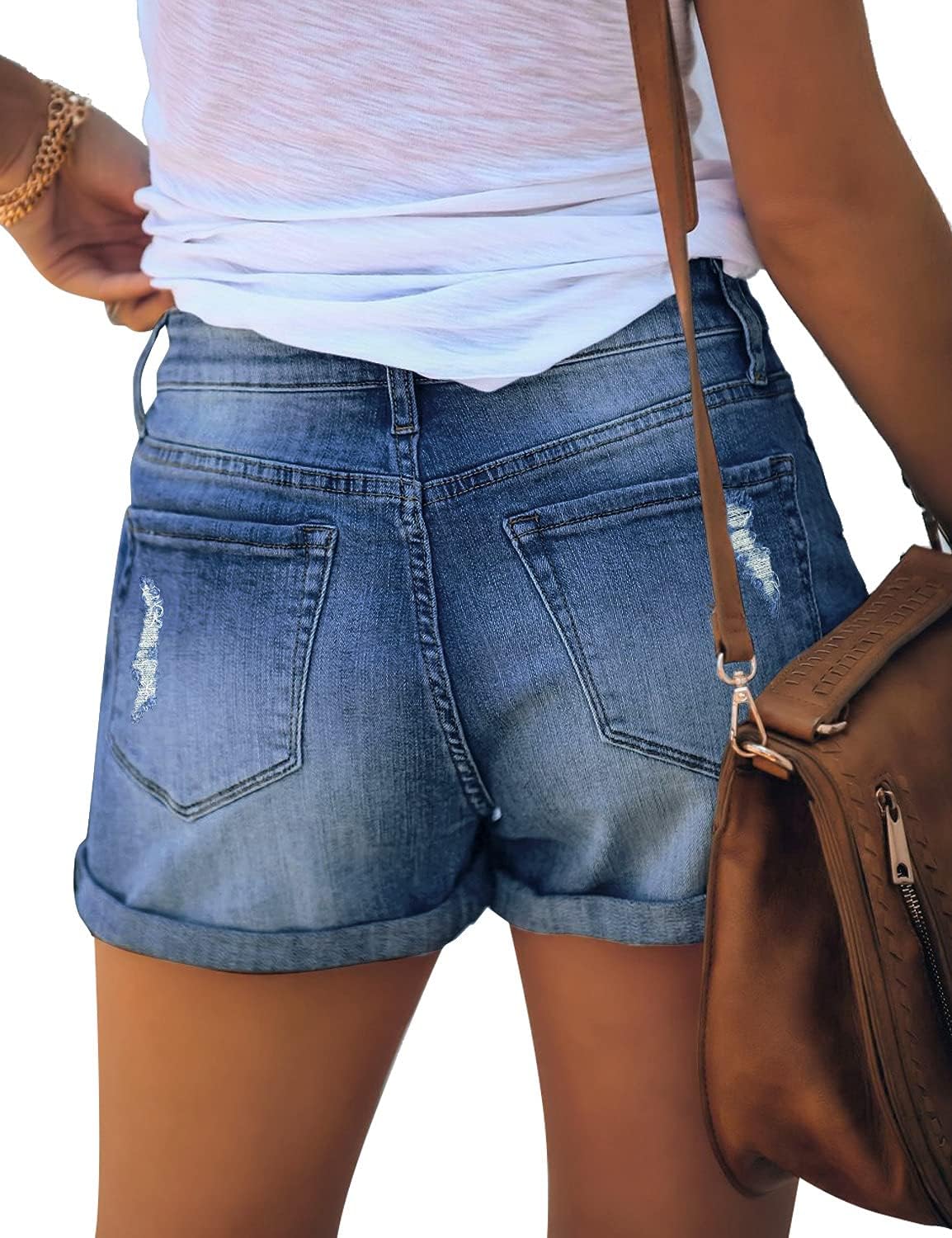 luvamia Women's Ripped High Waisted Denim Shorts Stretchy Cuffed Hem Jean Shorts - Image 2
