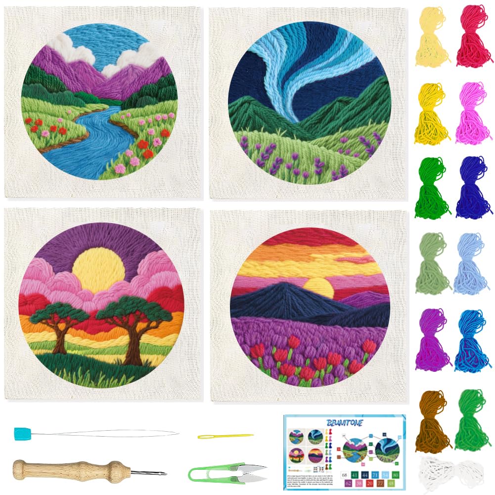 BEUNITONE 4PCS Landscape Punch Needle Kit for Adults Beginners, Complete DIY Craft Needlepoint Kits with Hoop, Punch Needle Starter Craft Embroidery Set for Festival Gift and Home Decor 20x20cm