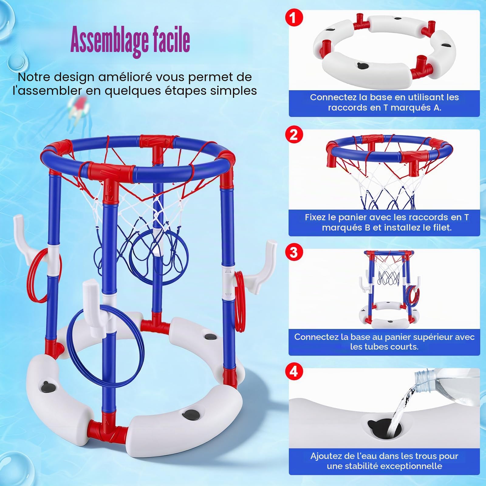Jeu de Basket de Piscine 2 en 1, Panier de Basket Flottant avec 4 Grands Ballons & 12 Anneaux INCL. Pompe, Sport Nautique Gonflable pour Enfants Adultes Famille Amusement dans l'eau