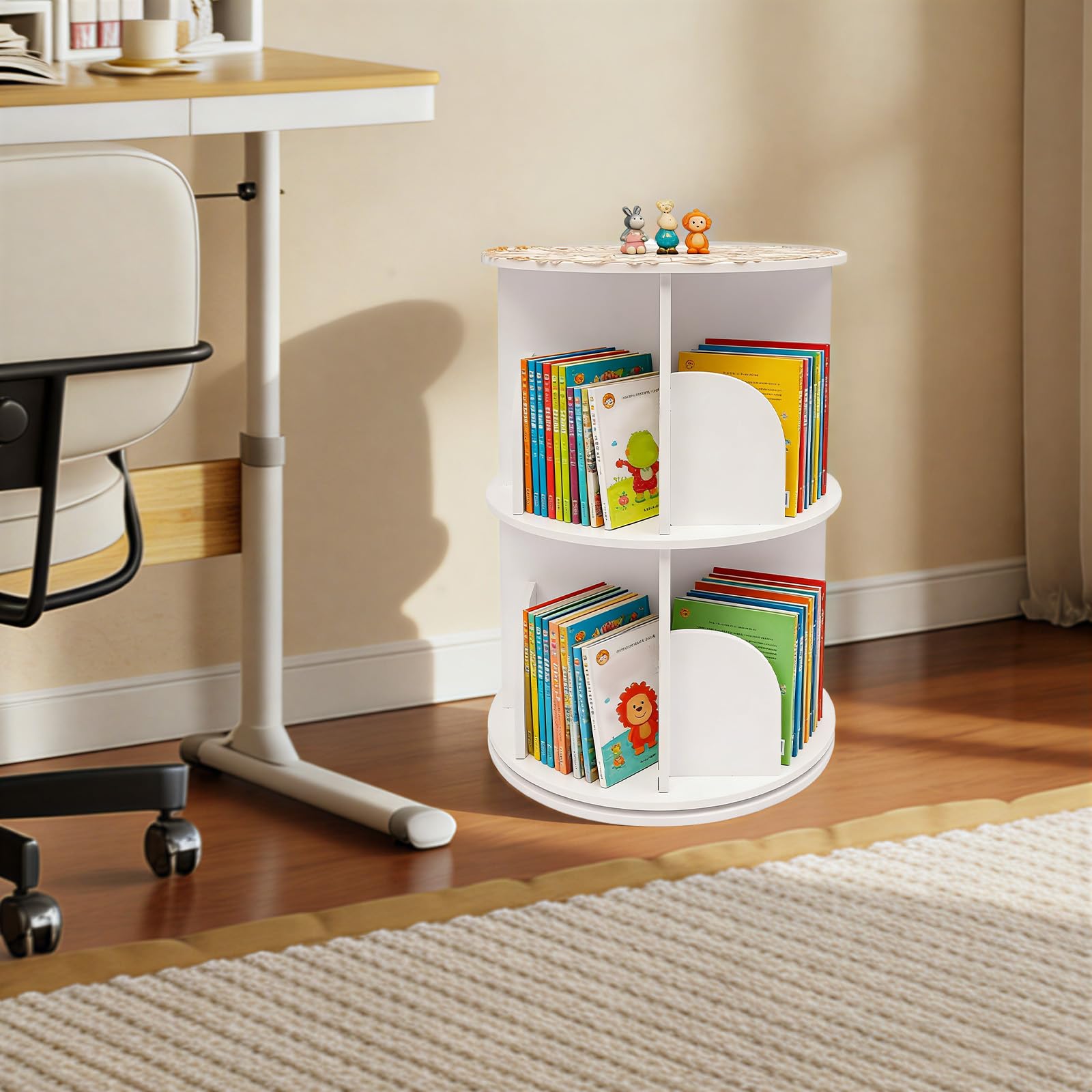 Drehbares Bücherregal Rund Bücherregal Kinder 360 Grad Rotierend Standregal Aufbewahrung, 2 Etagen 8 Fächer PVC Platzsparend Wohnzimmer Schlafzimmer Büro Weiß