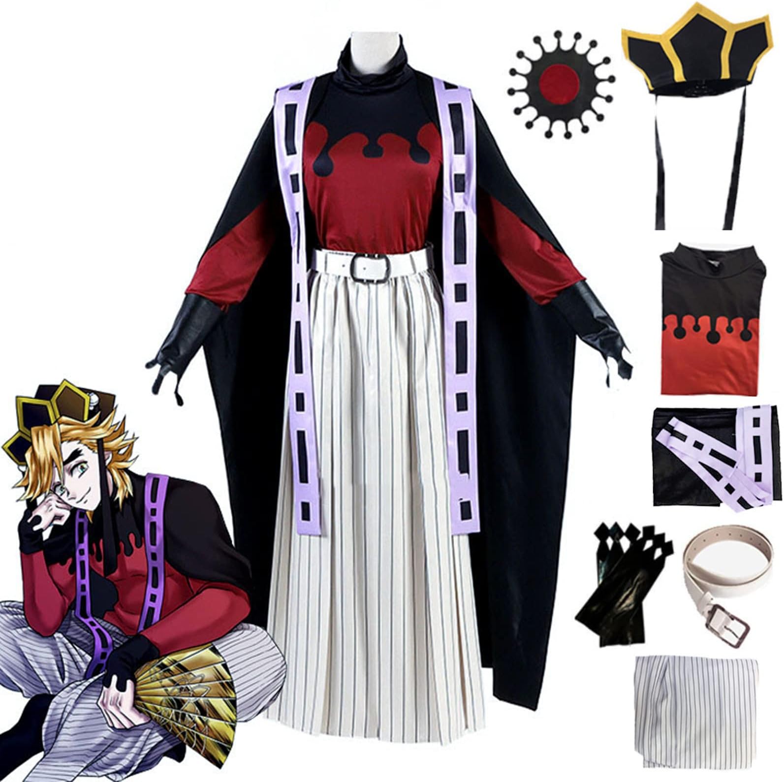 Douma Cosplay，Douma Costume，Anime Douma Kimono Suit Cosplay Costume Halloween Robes Cloak Full Set with Wig