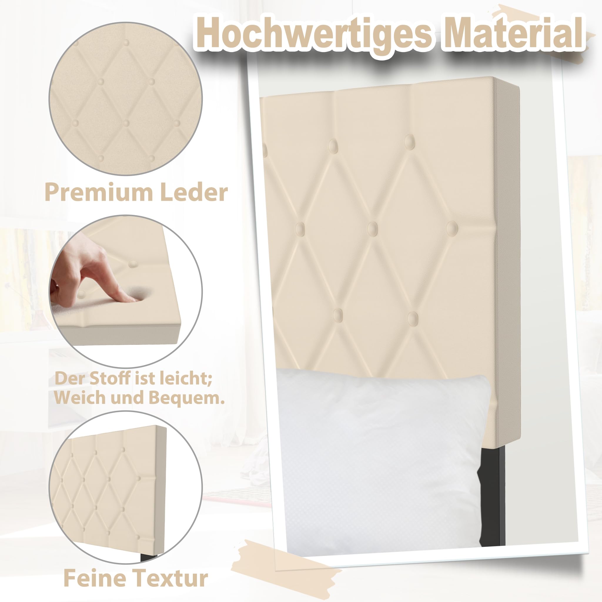Suusolny Letto imbottito con testiera in pelle e rete a doghe, letto singolo, montaggio semplice, con strumenti di installazione, telaio fino a 300 kg, colore beige, 90 x 200 cm