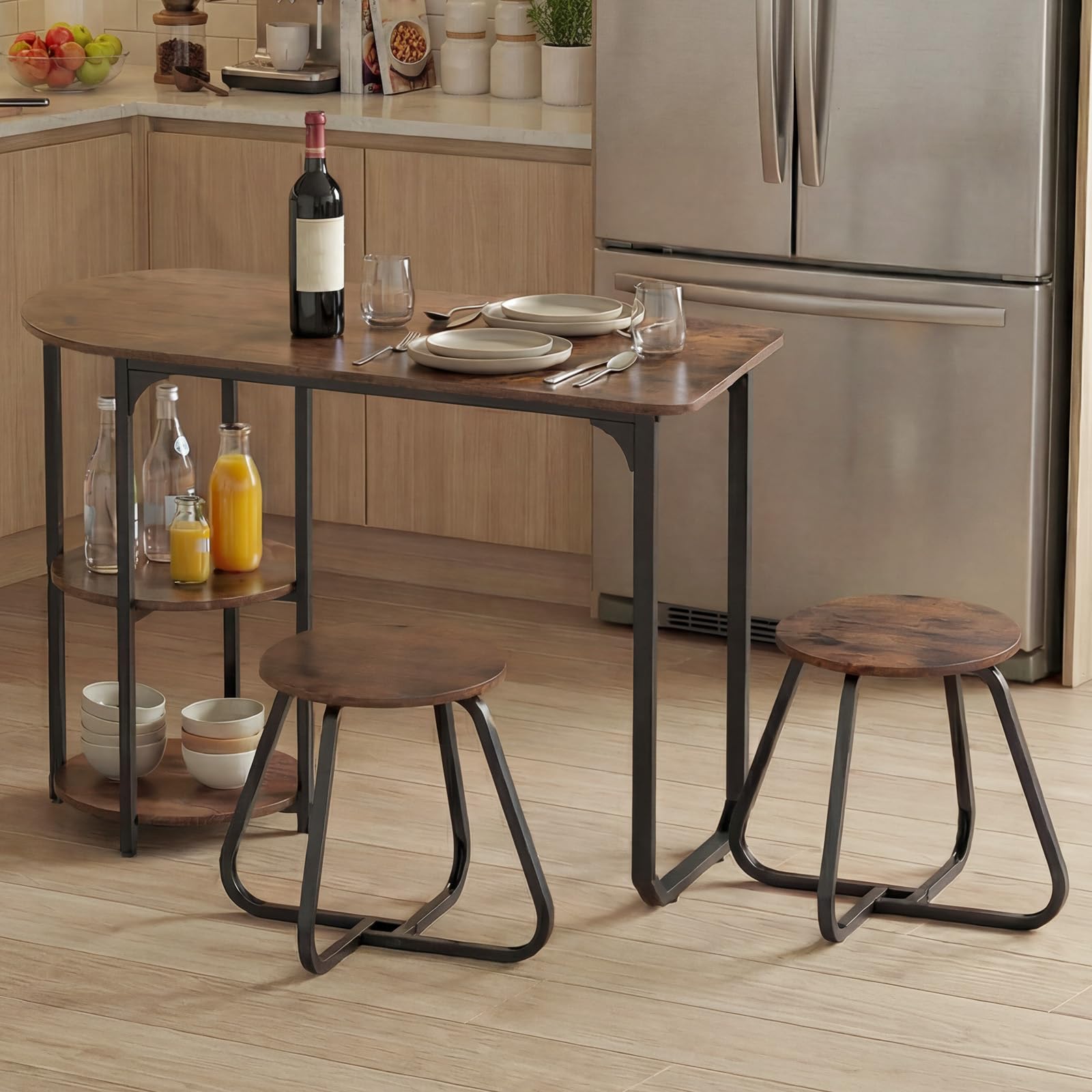 GIANTEX Conjunto de comedor con mesa y 2 taburetes, mesa de comedor con 2 estantes, mesa de madera de 110 x 45 x 78 cm, mesa de cocina rectangular para espacios pequeños, cocina, salón (marrón)