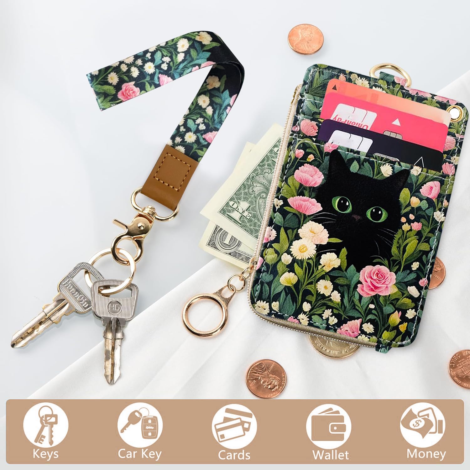 2-in-1 ID Badge Holder & Lanyard Wallet Cute Women Leather Zip ID Case Wallet with Breakaway Wrist and Neck Lanyard - Image 2
