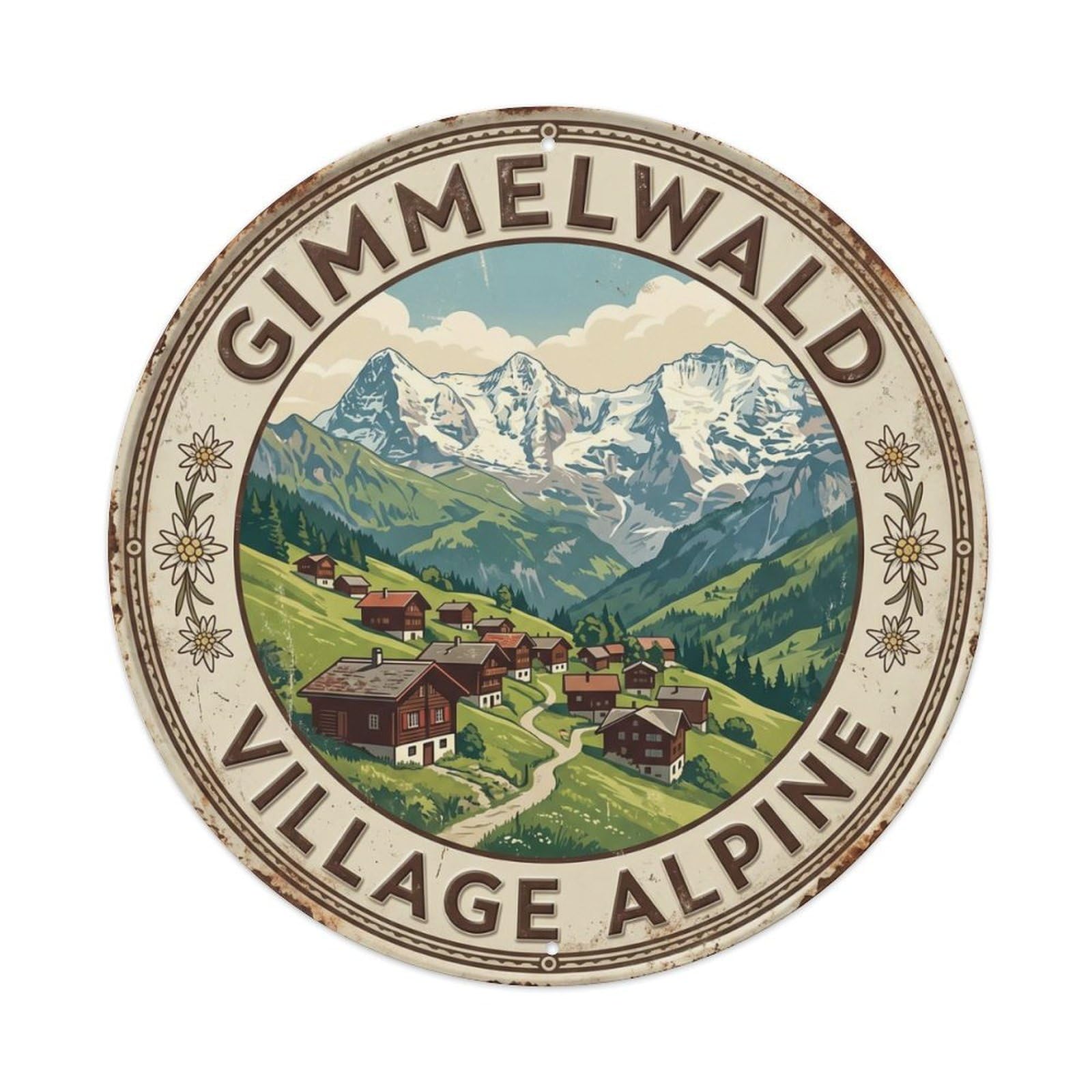 Gimmelwald Village Alpine Switzerland Hamlet Metal Tin Sign Plaque Wall Decor for Cafe, Club Bar, Office, Home Garden Round Metal Poster 8x8Inch