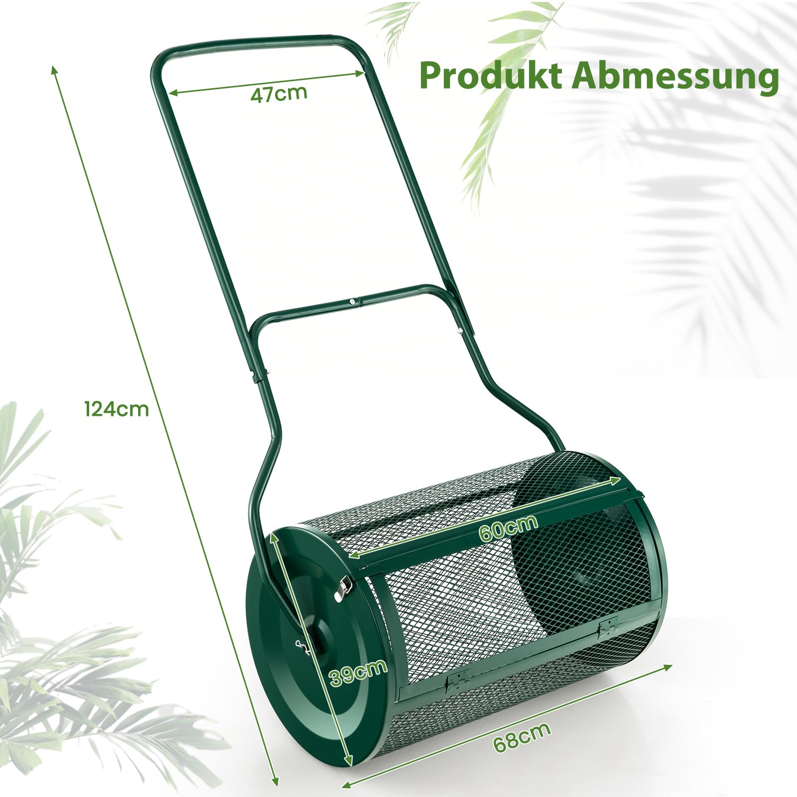 GOPLUS Esparcidor de Compost de 80 L, con Cierres Laterales y Mango en Forma de U, Esparcidor de Turba con Malla de Metal, Esparcidor de Jardín para Musgo de Turba, Fertilizante, Semillas (Verde)