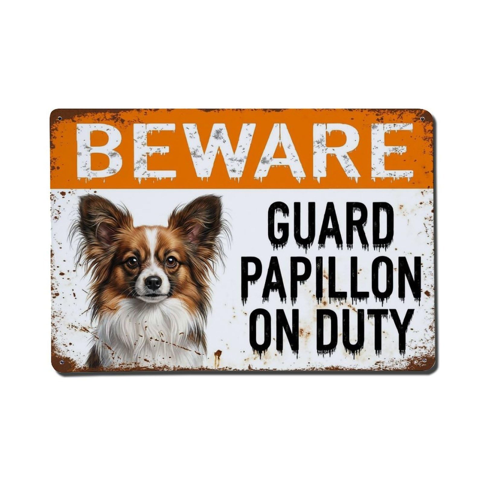 Vintage Funny Papillon Guard Beware of Dog Garage Metal Tin Sign
