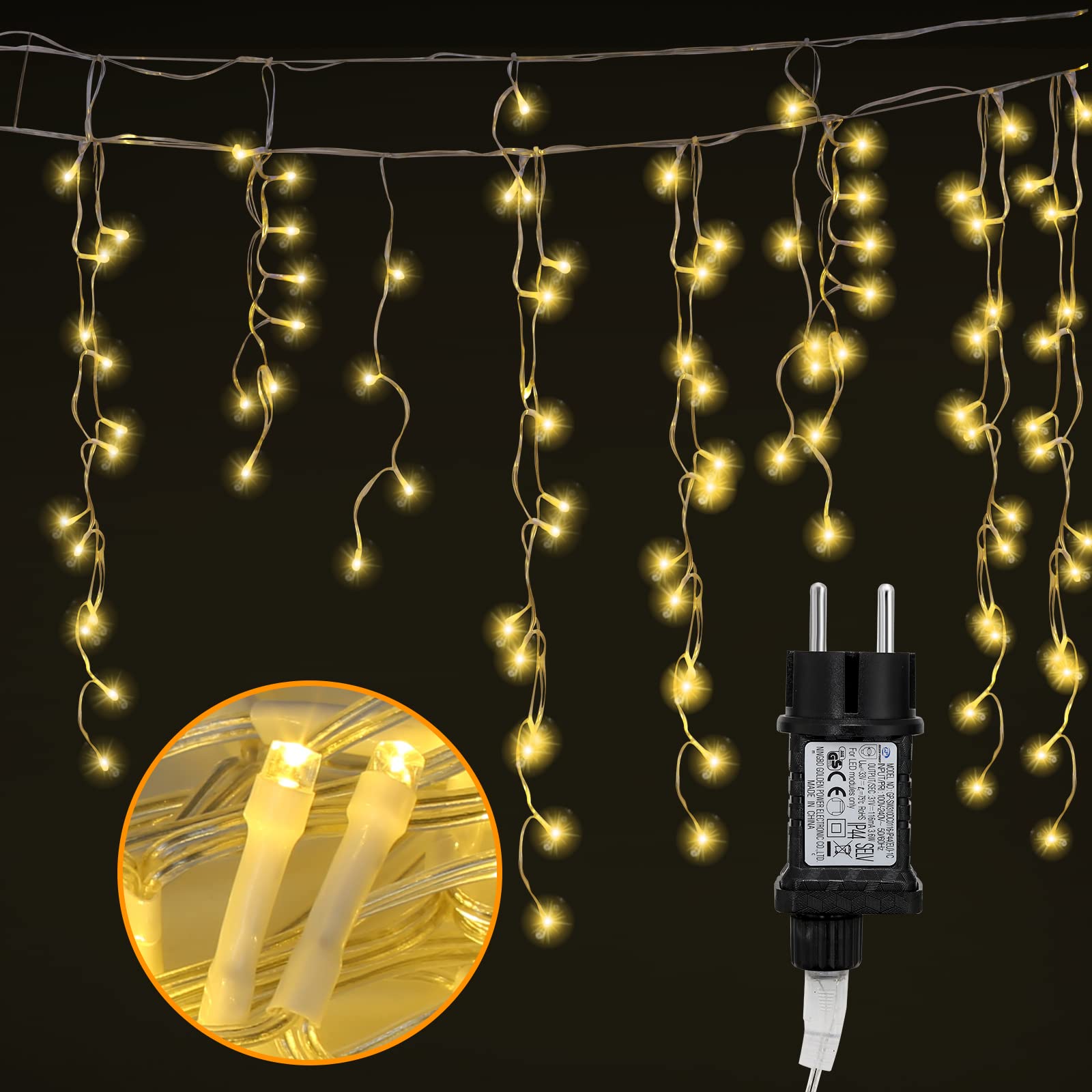 Łańcuch świetlny na zewnątrz, 400 diod LED, 10 m, kurtyna świetlna LED z 8 trybami oświetlenia, wodoszczelność IP44, do wyposażenia wnętrz, na zewnątrz, do sypialni, na wesele, Boże Narodzenie, imprezę, ciepła biel