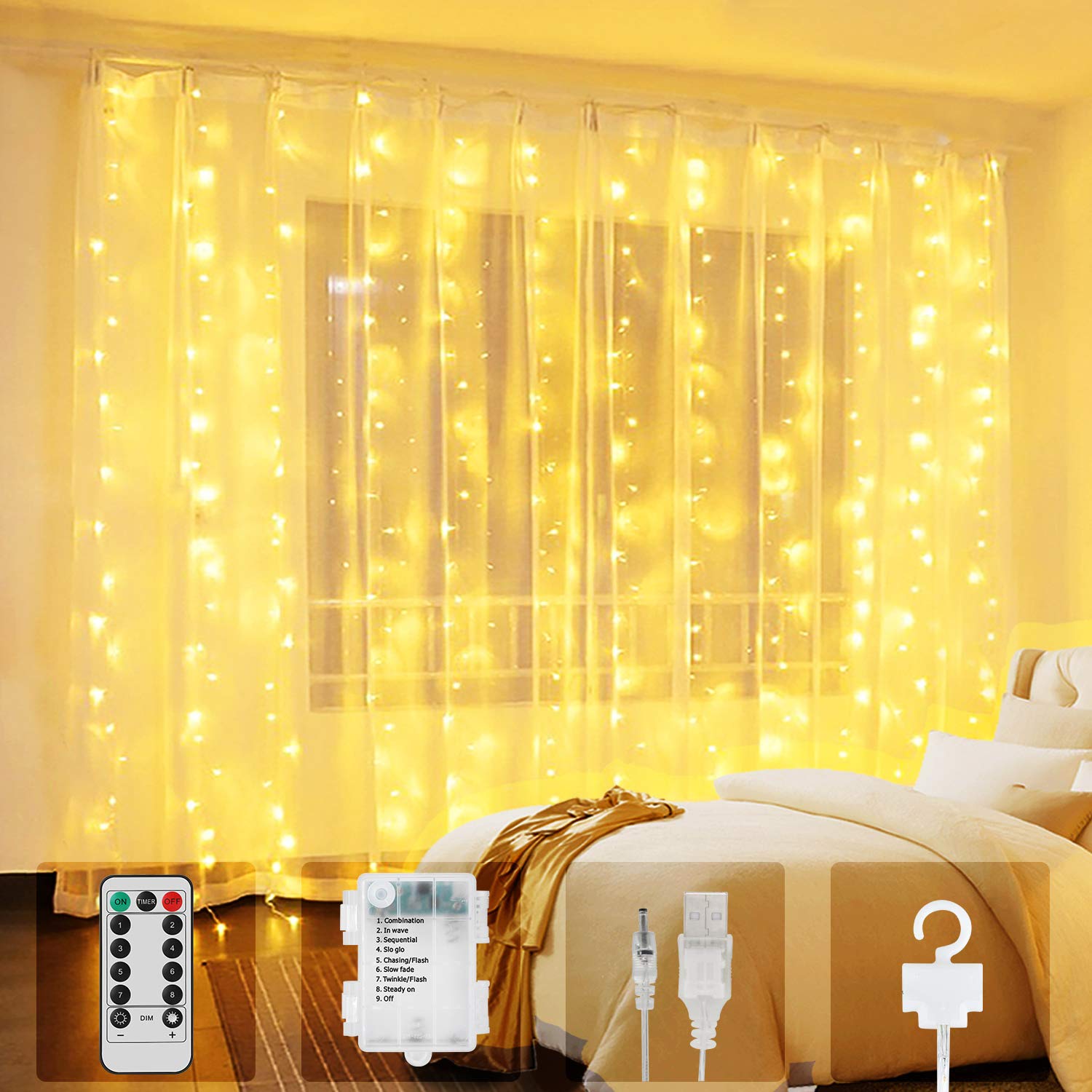 SENYANG Cortina de Luces - 300LED 3*3 metro Cortina Luces Navidad Pilas 8 Modos Luces de Cadena de Cortina con Control Remoto Impermeable Cortina Luces para Fiestas Bodas Interior Exterior Decoración