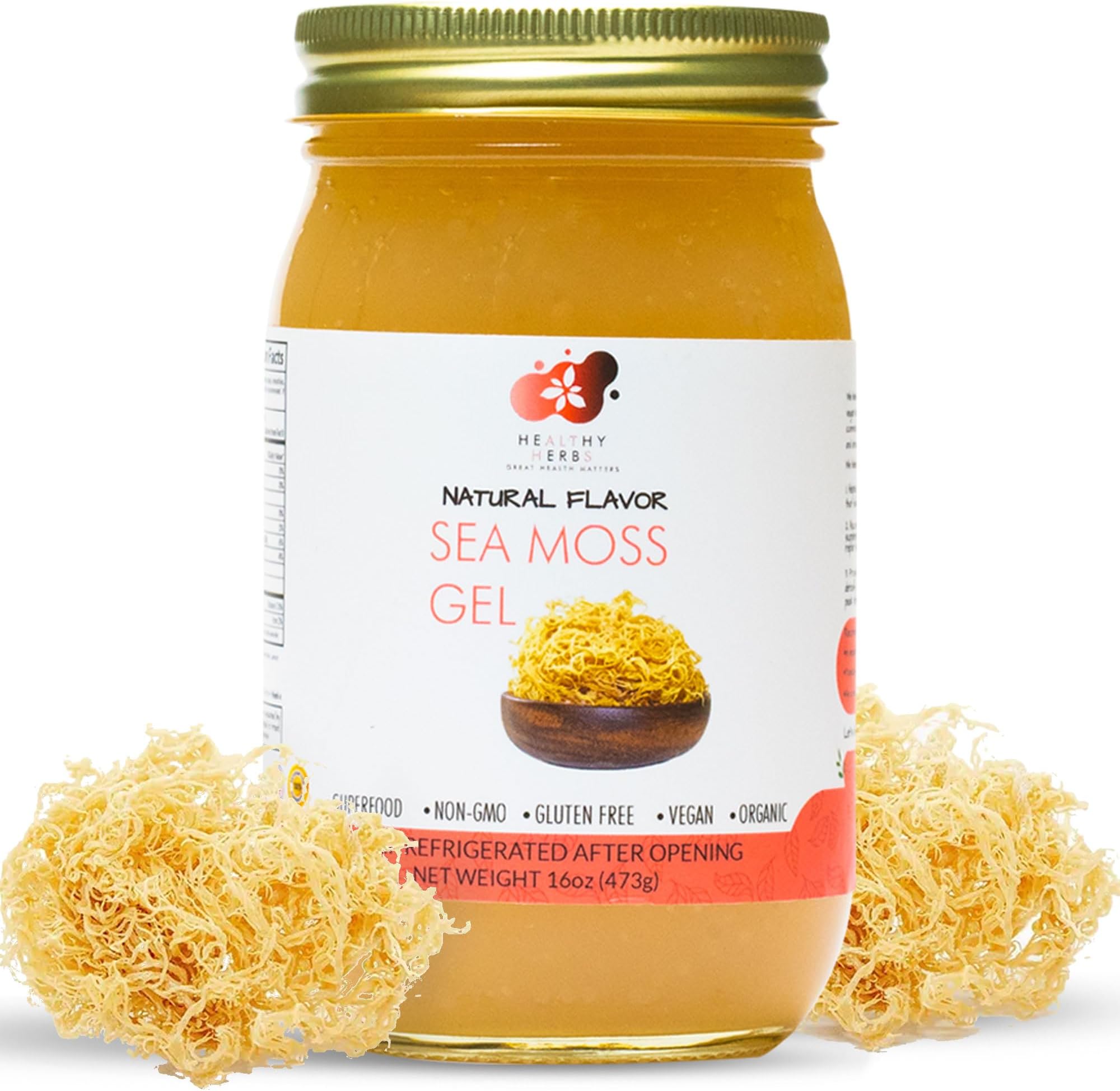 Healthy Herbs Sea Moss Gel (Natural) Wildcrafted from Jamaican St Lucia Gold Seamoss | Wild-Harvested Superfood with Over 90 Essential Vitamins & Minerals | Vegan, Non-GMO, US-Made (16 oz.)