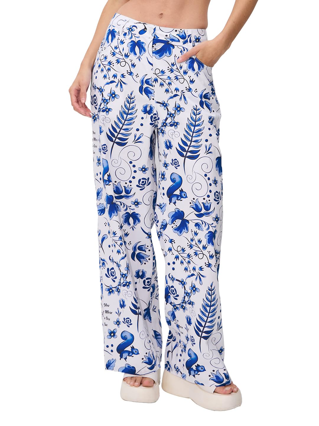 The Souled Store Disney: Once Upon A Dream Women and Girls Buttoned White and Blue Straight Fit Cotton Pants in white