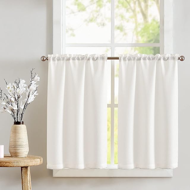 TOPICK Spring White Kitchen Curtains Linen Optics Semi-translucent 24 Inch Drop Cafe Curtains for Bathroom Farmhouse Country Light Filtering Short Window Curtain Set Rod Pocket 2 Panels