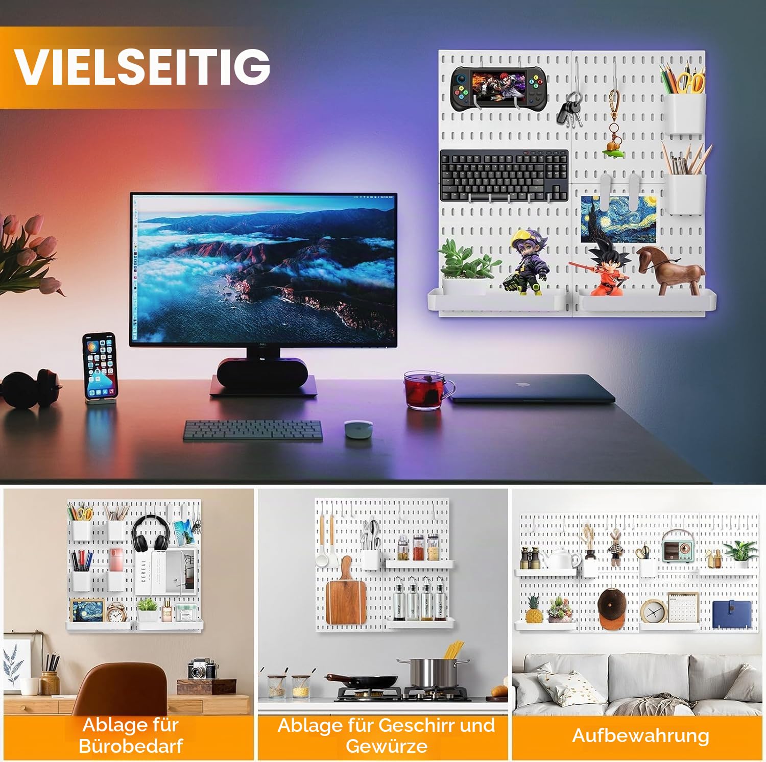 Stecktafel-Kombinationsset, Stecktafel-Zubehör-Organizer-Set, Stecktafeln, Wand-Organizer mit Behältern, Regalen und Haken für Bastelarbeiten, Organisation, Ornamente, Kinderzimmer