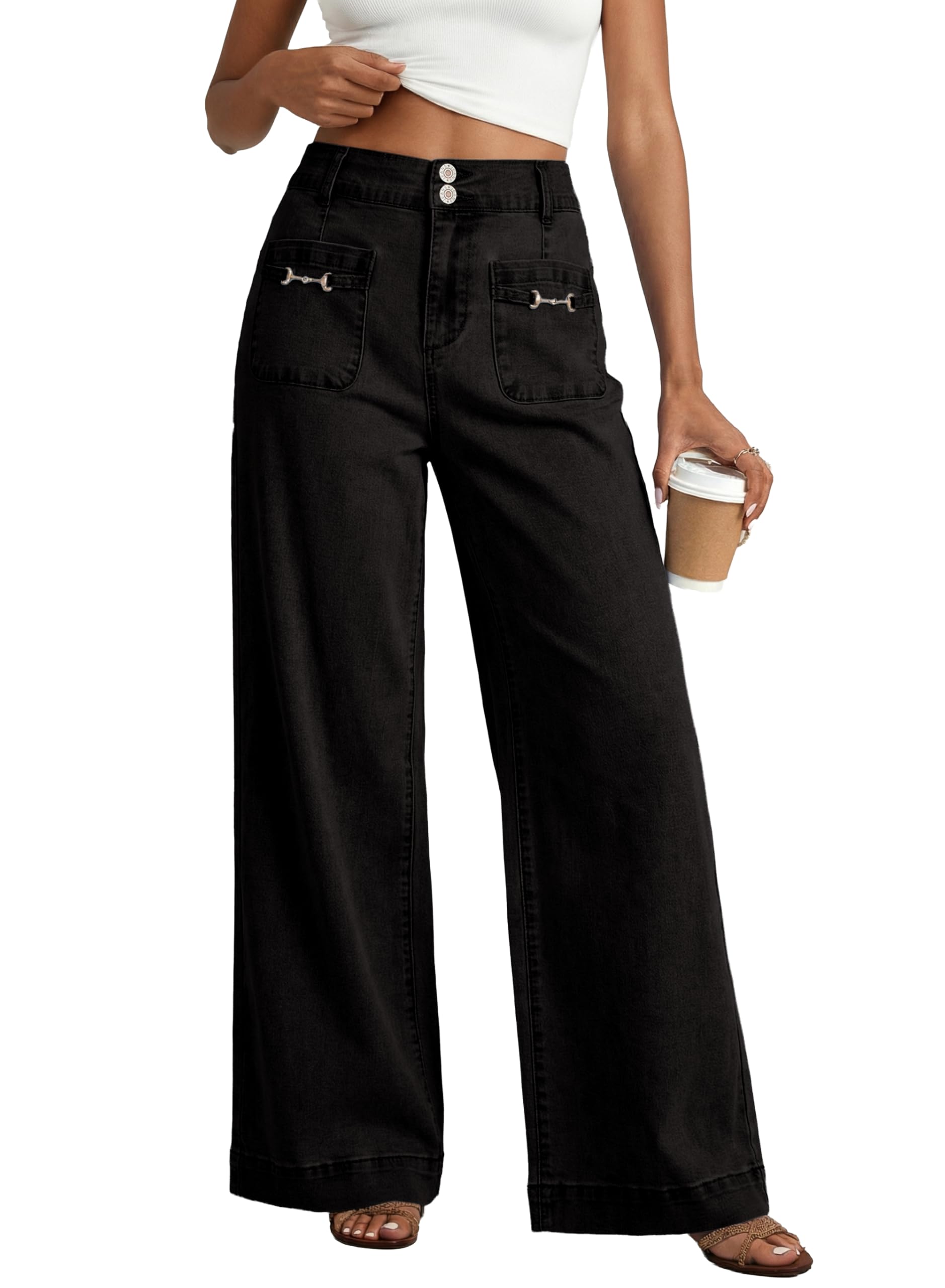 Photo 1 of SHEWIN Women High Waisted Jeans Fall Tummy Control Wide Leg Denim Pants Stretchy Stretch Baggy Jean Spring Trendy Clothes 2026 Size 12, Black