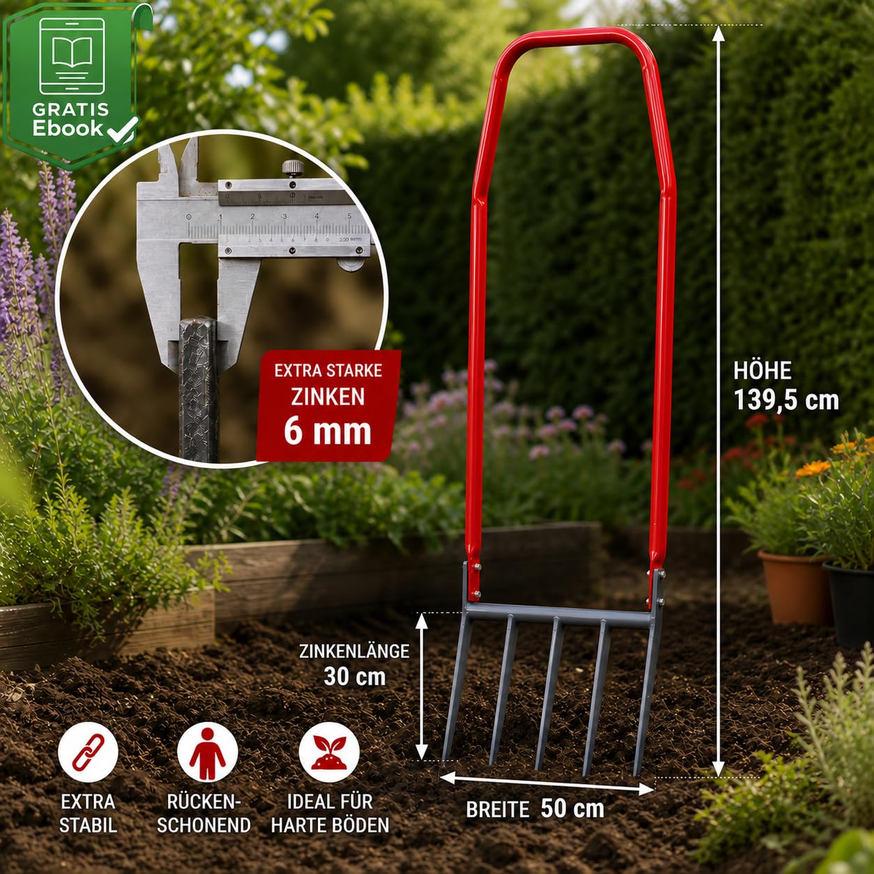 Broadfork Grabegabel 50 cm, die extra stabile Doppelgrabegabel mit 6 mm verstärkten Zinken, inkl. Ebook, rückenschonender Bodenlockerer & Aerifizierer für Harte Böden