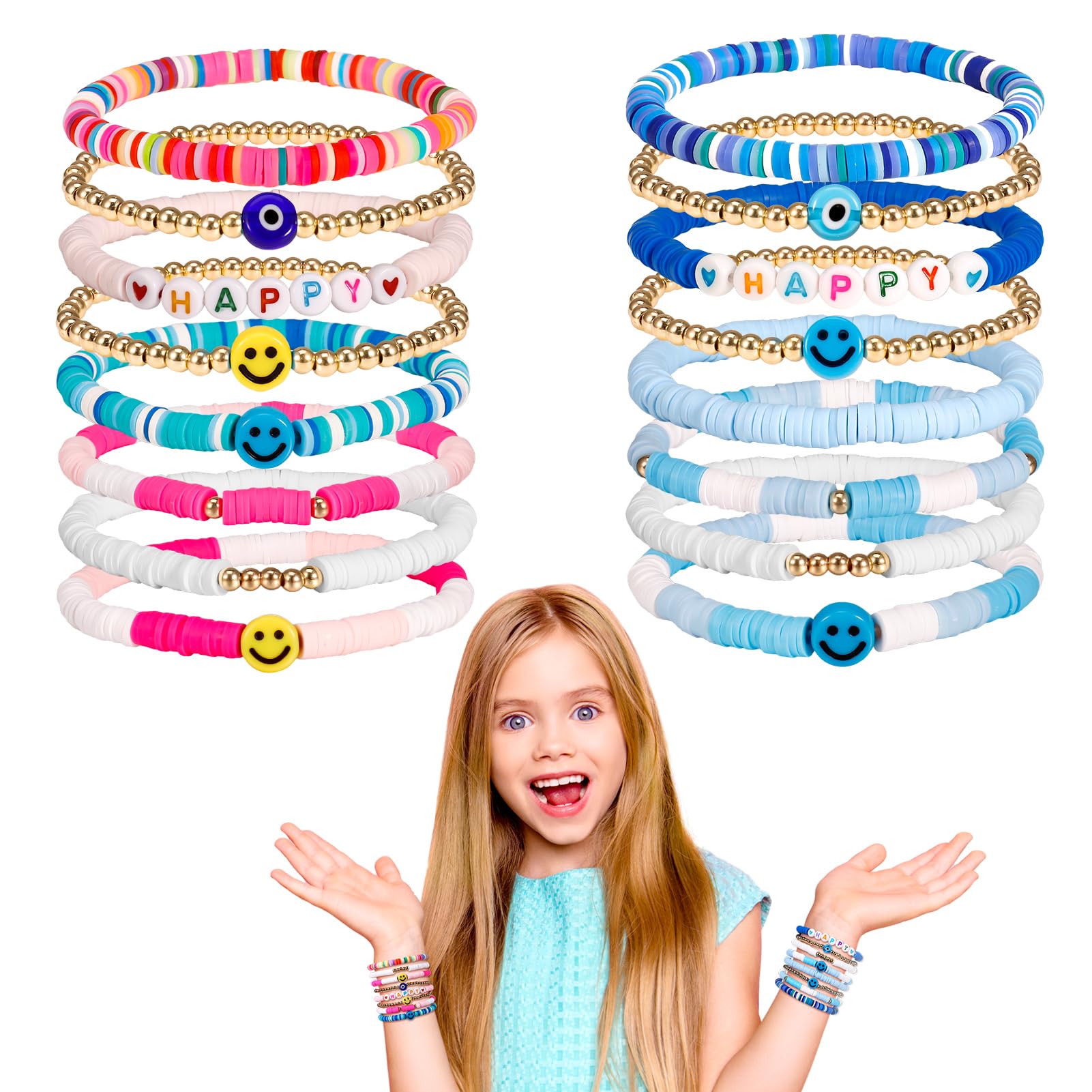 16 Pcs Preppy Bracelet Set, Colorful Rainbow Y2K Girls' Charm, Stackable Elastic Boho Disc Bracelets, Beach Bohemian Layering Bracelets Jewelry for Women