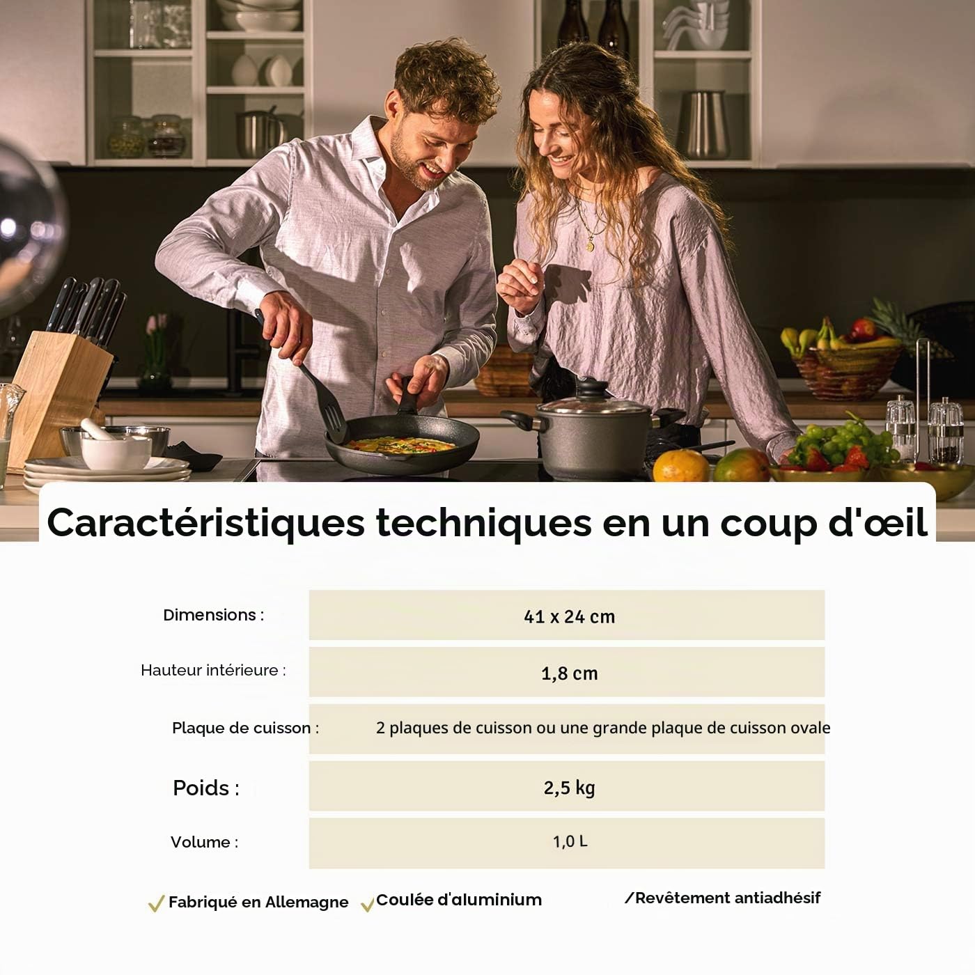 Hoffmann Plancha Teppanyaki 41x24 cm I avec Poignées Latérales I Compatible Induction I Grill Barbecue Plaque de Cuisson I Revêtement Antiadhésif I Surface Lisse