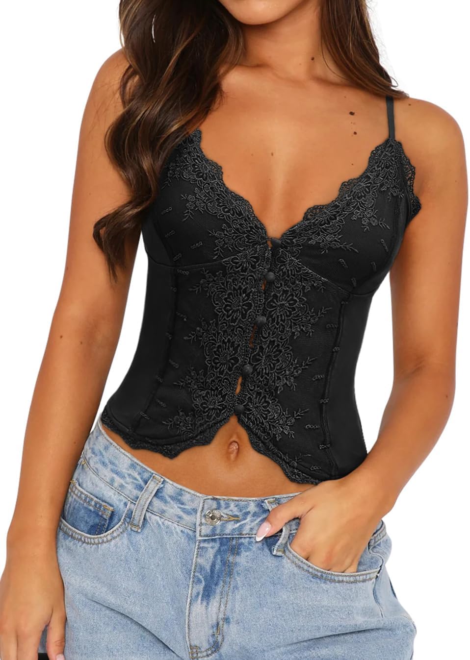 Women's Sexy Lace V Neck Button Down Going Out Boho Tops Trendy 2025