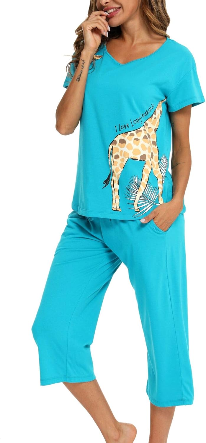 ENJOYNIGHT Womens Pajama Sets Cotton Pj Set Short Sleeve Top With Capri Pants Sleepwear 2 Piece Lounge Set - Image 4