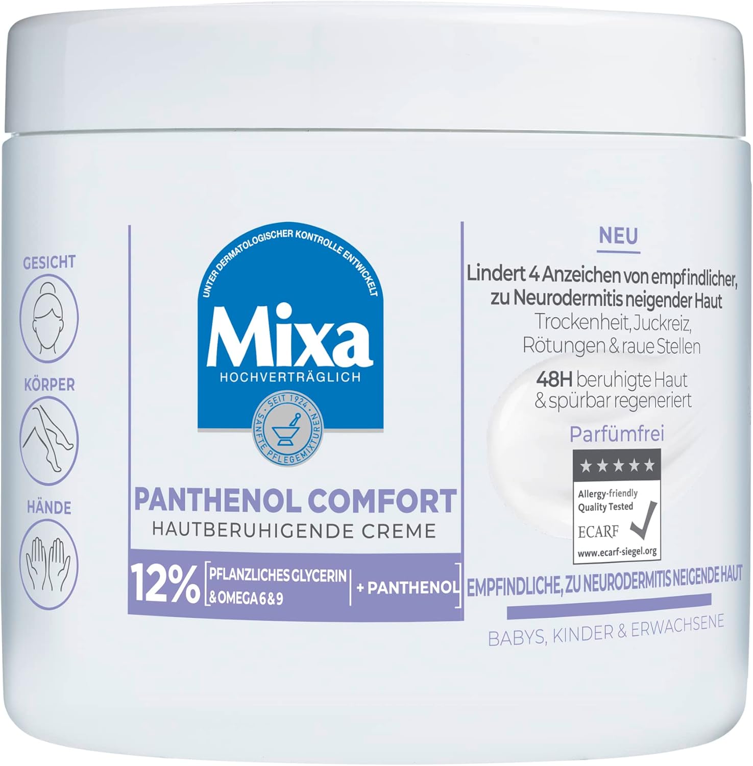 Mixa Verzorgende crème voor droge, gevoelige en naar neurodermitis neigende huid, wondhelende crème tegen roodheid en jeuk, met panthenol, panthenol comfort, 400 ml