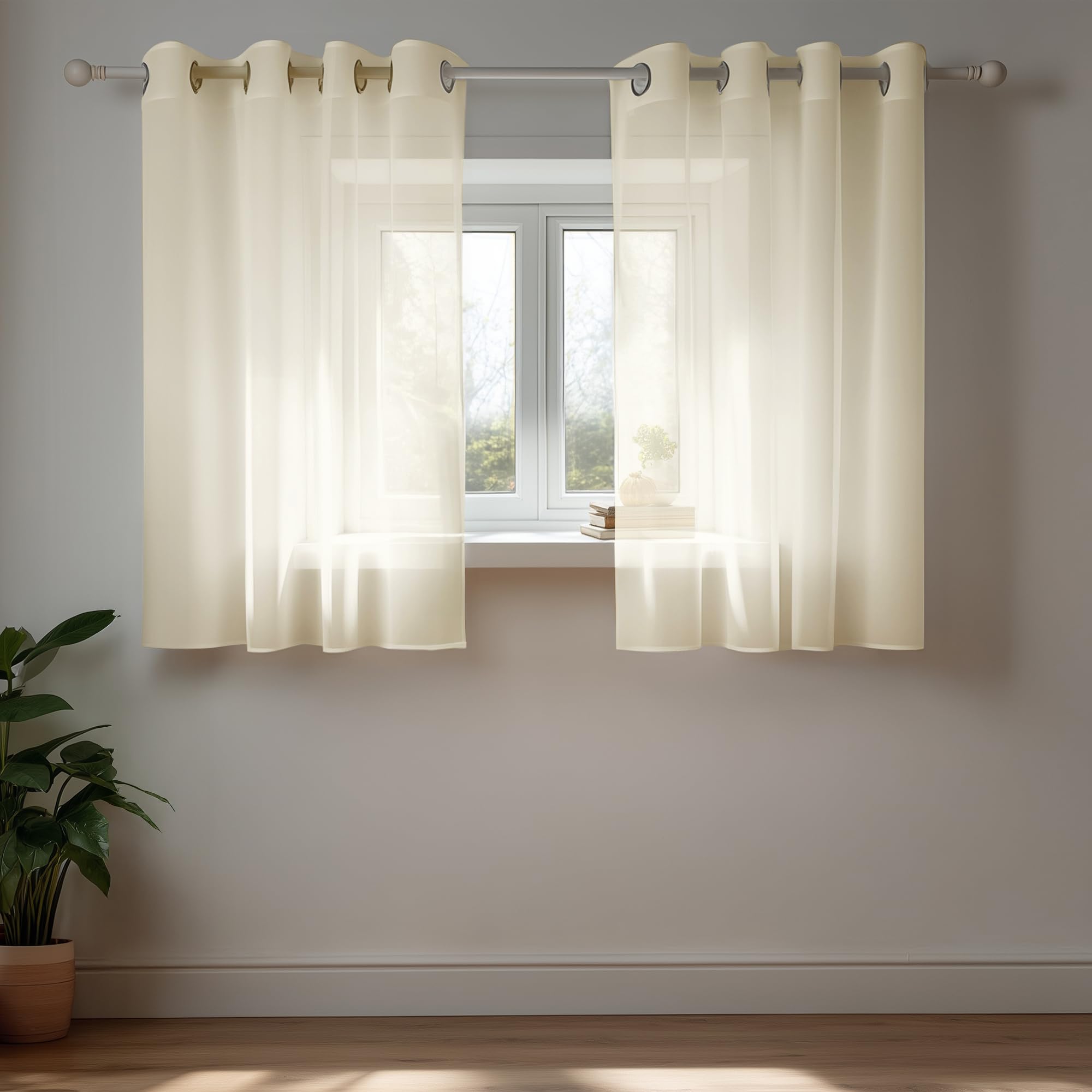 Deconovo Beige Soild Eyelet Semi Transparent Net Curtains, Super Soft Voile Curtains, Decorative Sheer Curtans For Kitchen, 55 X 48 Inch(Width X Length), 2 Panels