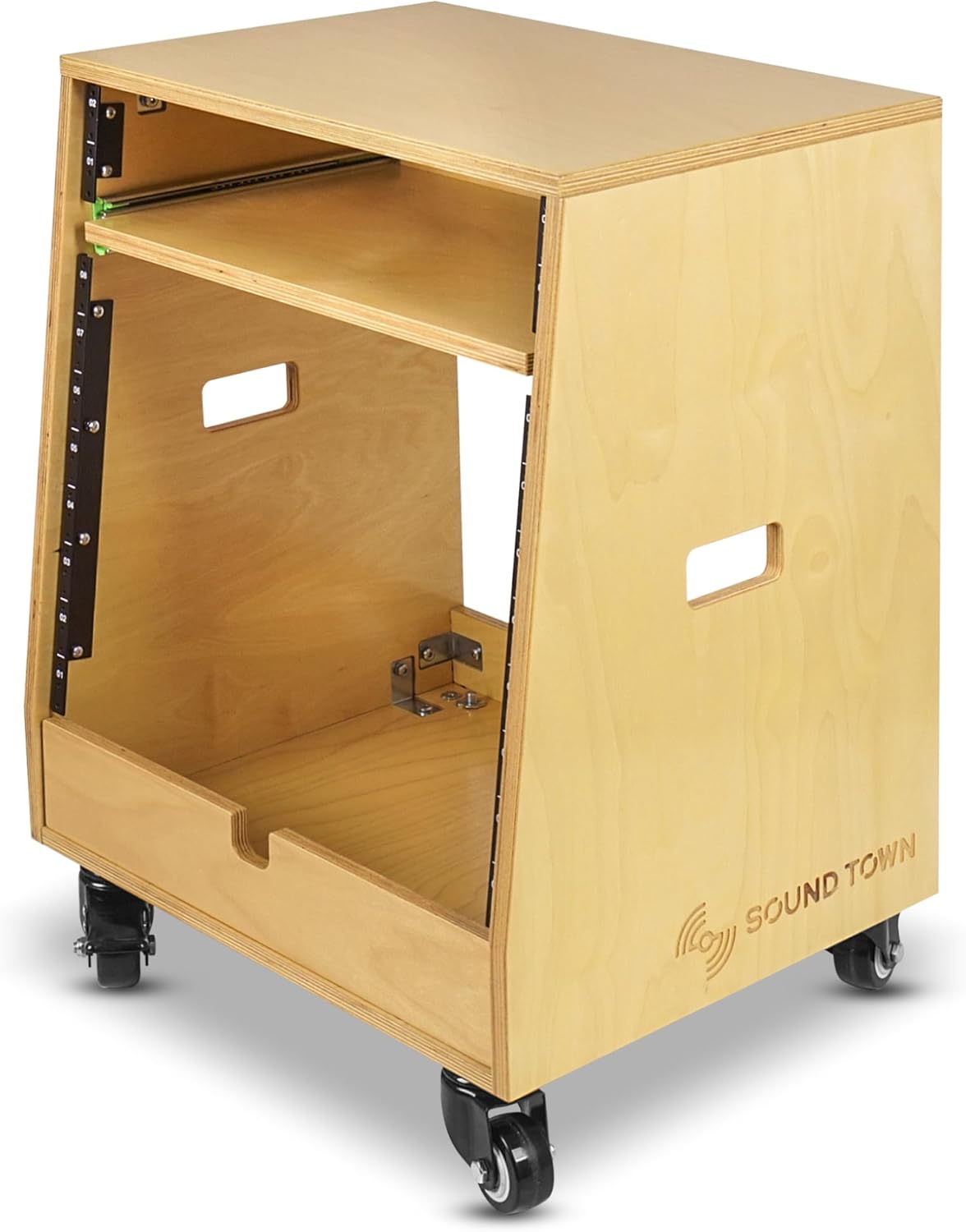 Sound Town DIY Slanted 10U Studio Rack (2U Top + 8U Lower), with 2U Bottom Storage, Slide-Out Tray, Caster, Plywood, Golden Oak For Recording Room, Home Studio (SDRK-ST10T)